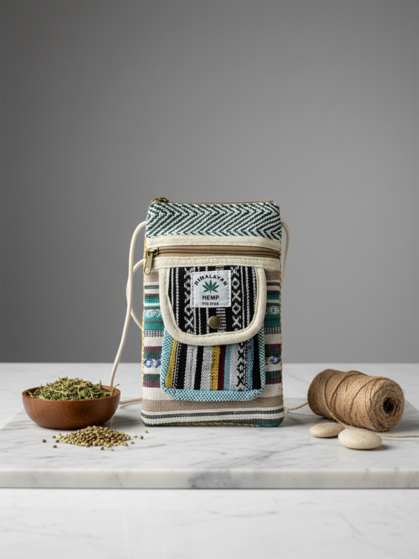 Pure Hemp Crossbody Bag, Mobile Pouch, Small Sling Bag with Zipper Pockets and Rope Strap
