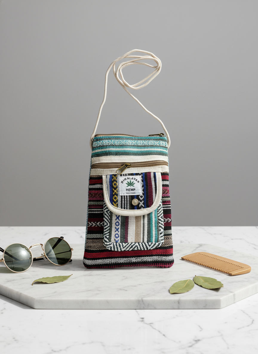 Pure Hemp Crossbody Bag, Mobile Pouch, Small Sling Bag with Zipper Pockets and Rope Strap