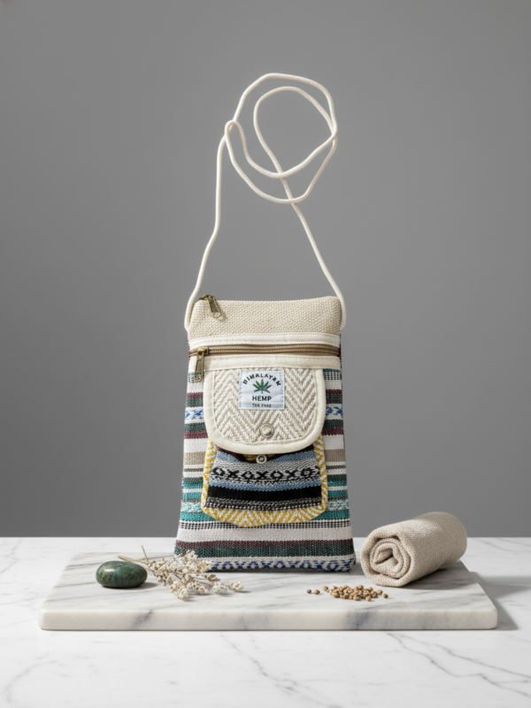 Pure Hemp Crossbody Bag, Mobile Pouch, Small Sling Bag with Zipper Pockets and Rope Strap