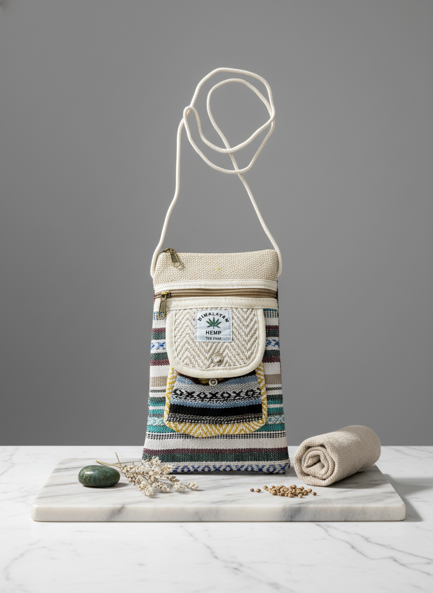 Pure Hemp Crossbody Bag, Mobile Pouch, Small Sling Bag with Zipper Pockets and Rope Strap