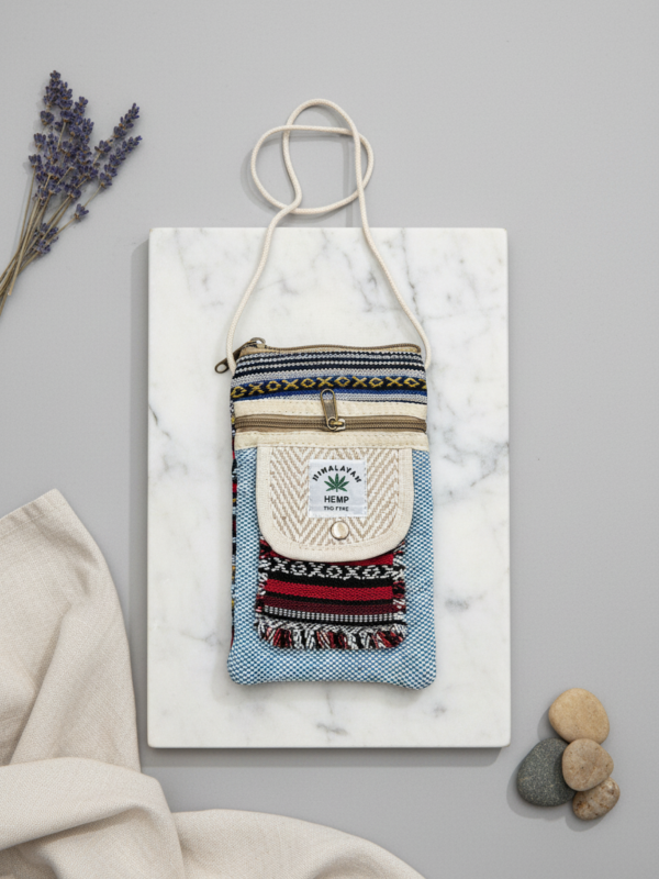Pure Hemp Crossbody Bag, Mobile Pouch Sky, Small Sling Bag with Zipper Pockets and Rope Strap
