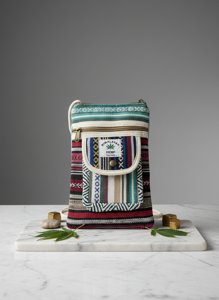 Pure Hemp Crossbody Bag, Mobile Pouch, Small Sling Bag with Zipper Pockets and Rope Strap - Image 4