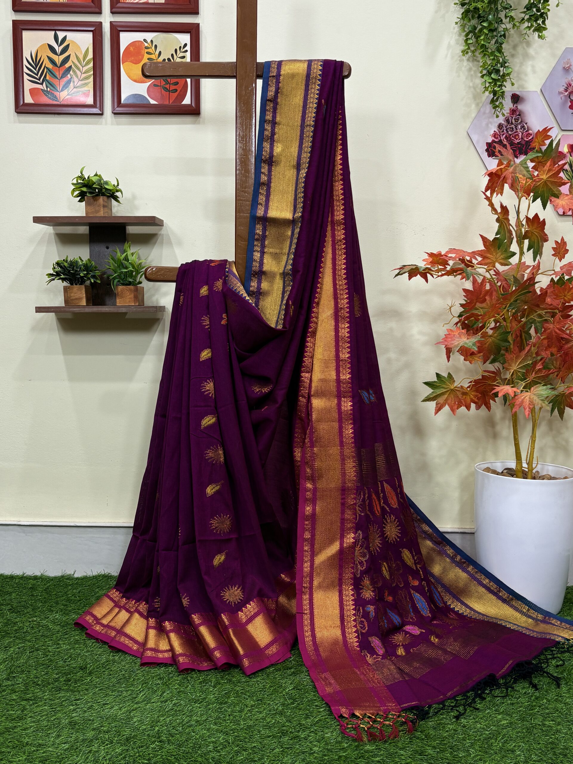 Wine Handloom Premium Soft Cotton Silk Party Wear Jamdani Saree with Blouse Piece