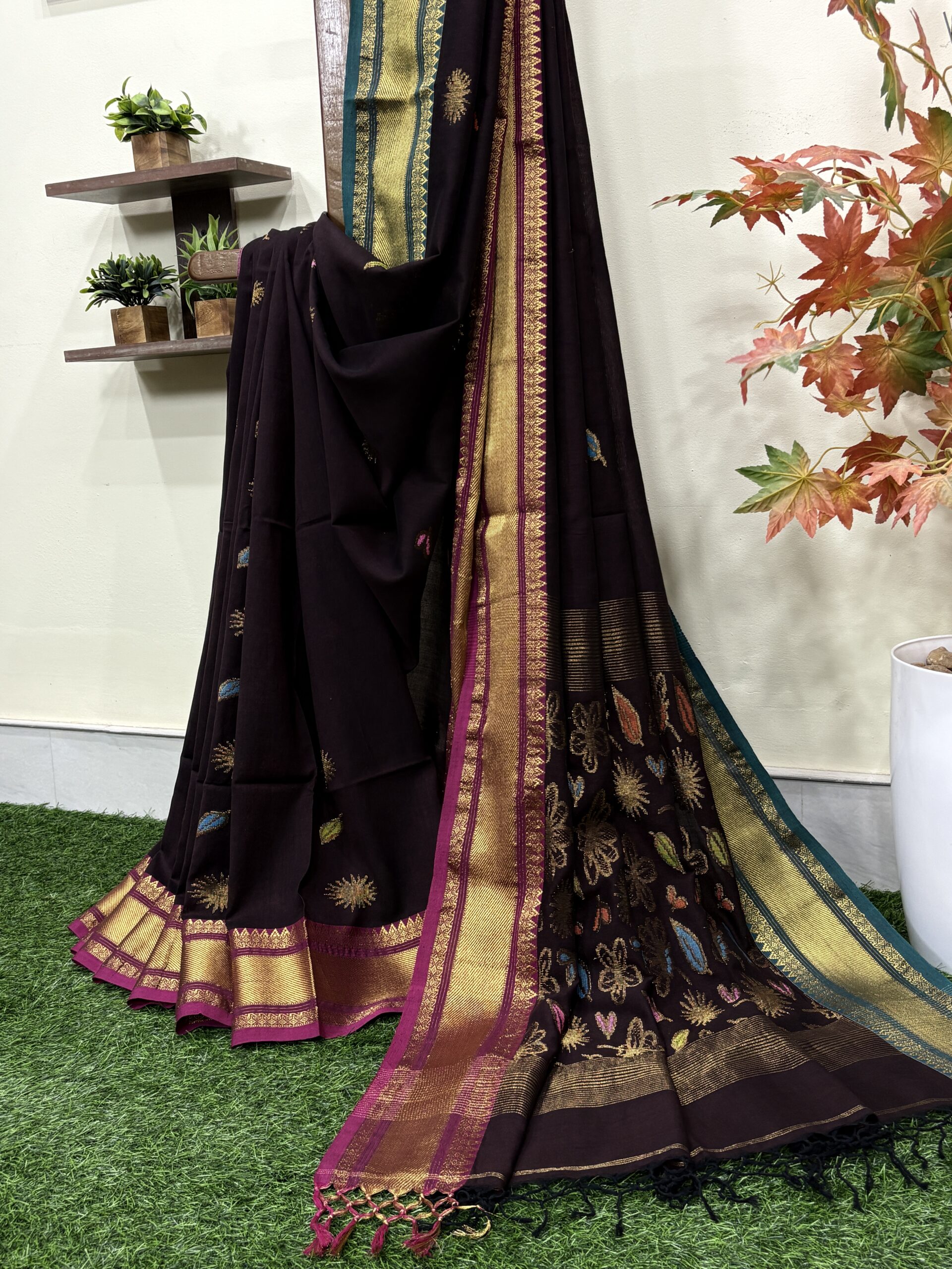 Chocolate Handloom Premium Soft Cotton Silk Party Wear Jamdani Saree with Blouse Piece (Copy) - Image 2