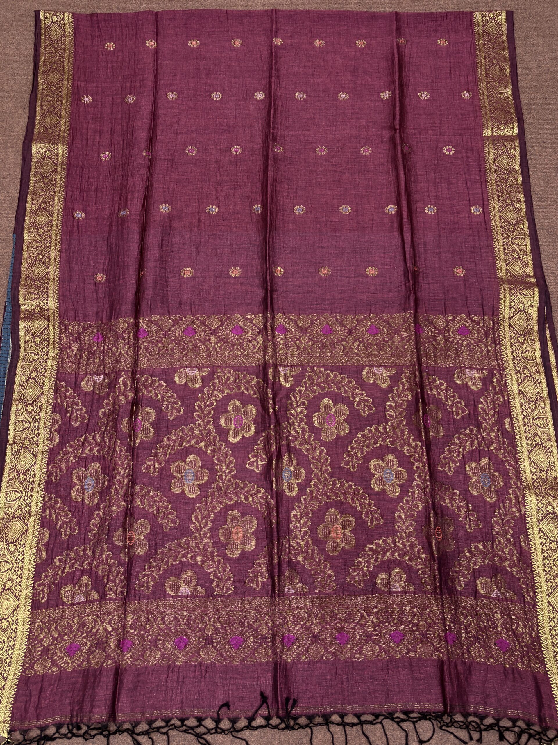 Maroon Floral Mina Buta Organic Linen Jamdani Saree - Image 6