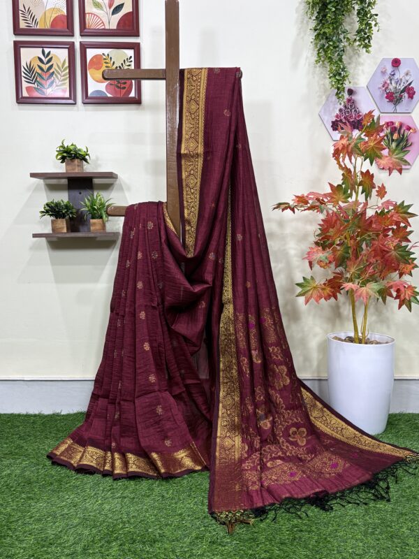 Maroon Floral Mina Buta Organic Linen Jamdani Saree