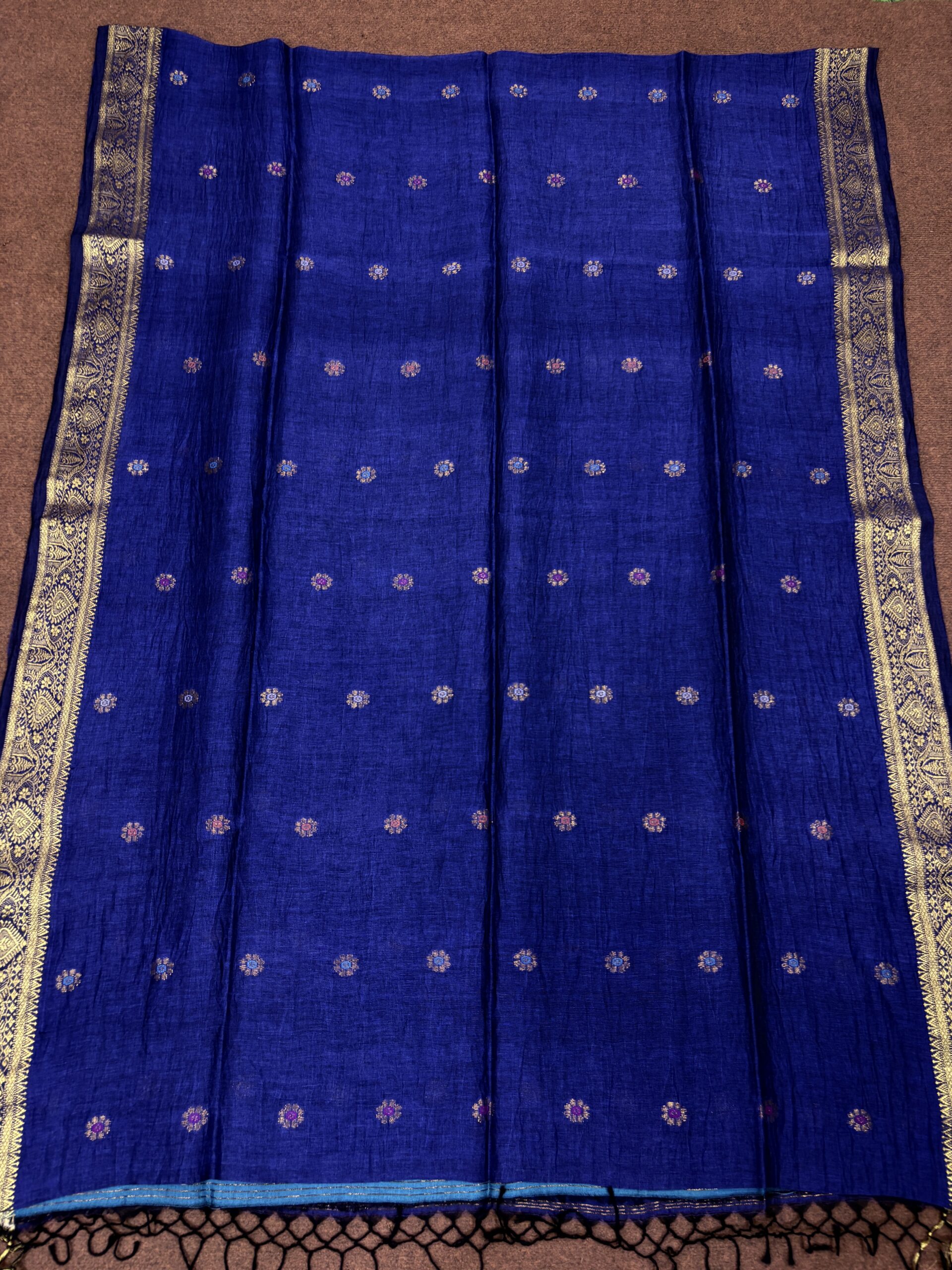 Navy Blue Floral Mina Buta Organic Linen Jamdani Saree - Image 9