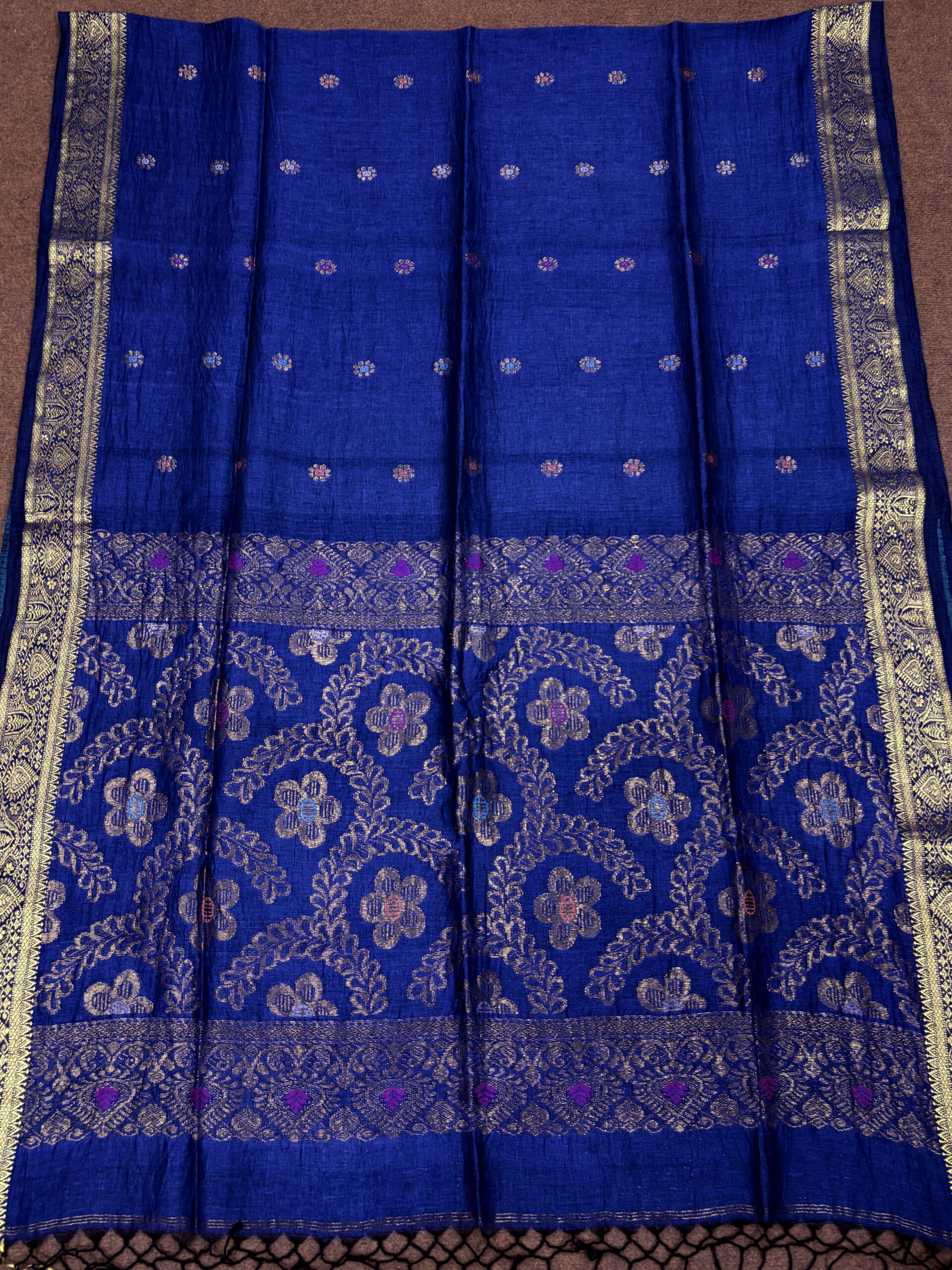 Navy Blue Floral Mina Buta Organic Linen Jamdani Saree - Image 6