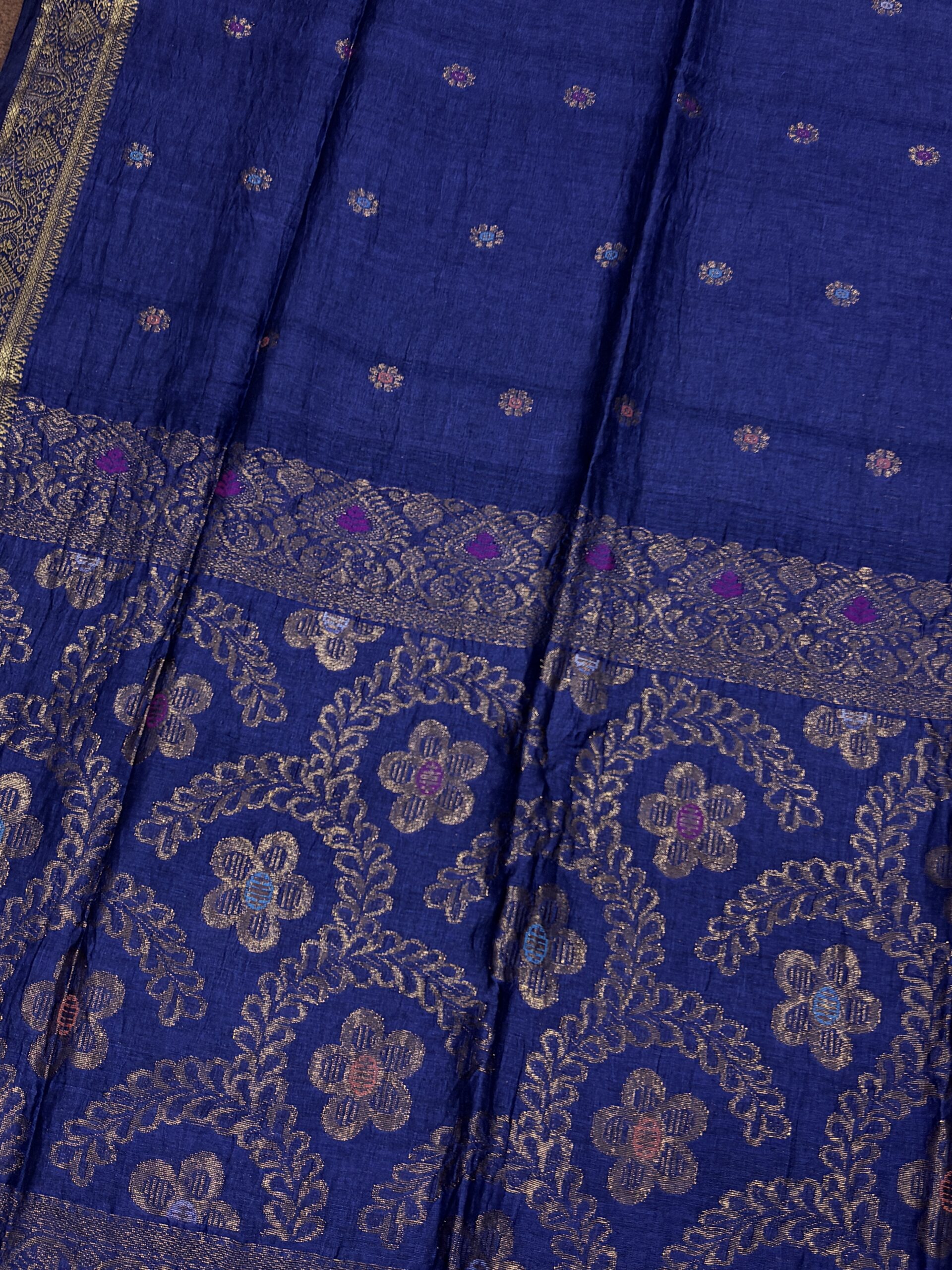 Navy Blue Floral Mina Buta Organic Linen Jamdani Saree - Image 5