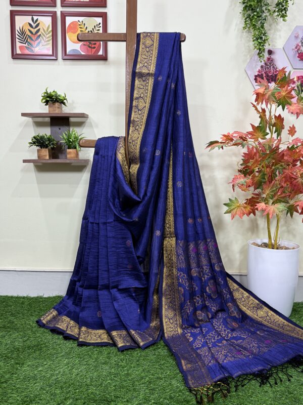 Navy Blue Floral Mina Buta Organic Linen Jamdani Saree