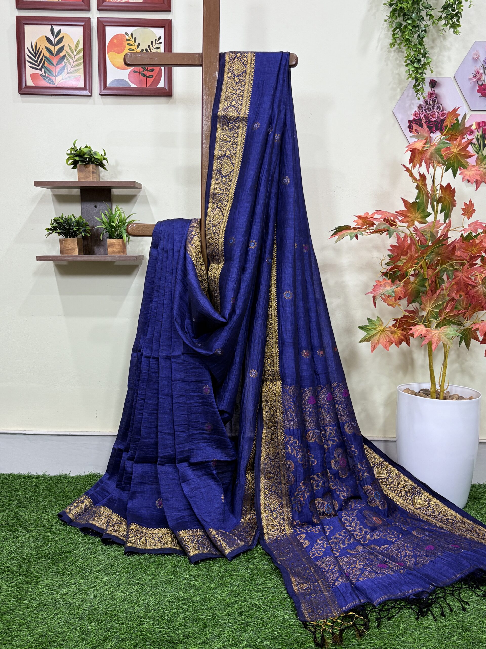 Navy Blue Floral Mina Buta Organic Linen Jamdani Saree