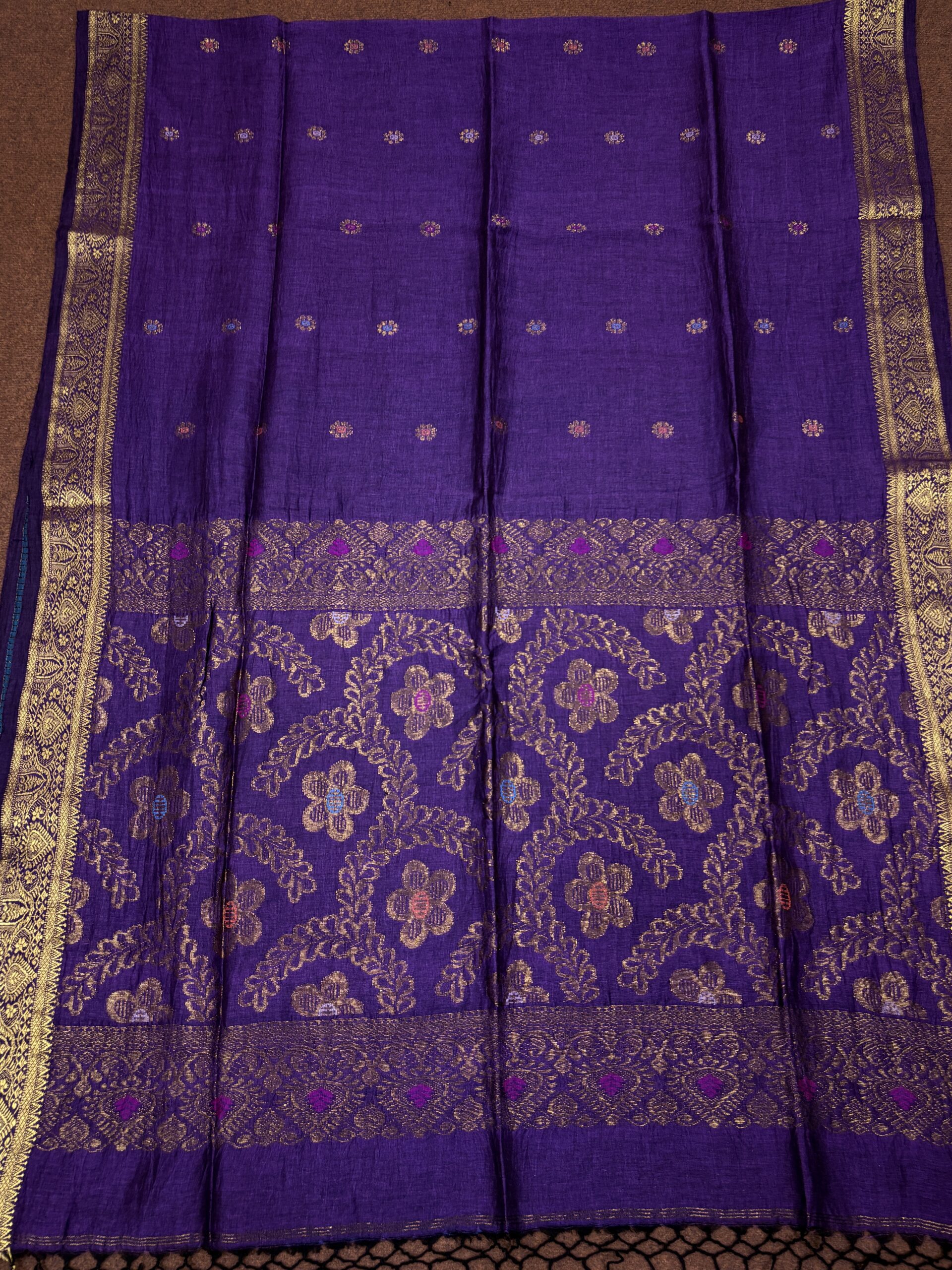 Purple Floral Mina Buta Organic Linen Jamdani Saree - Image 6