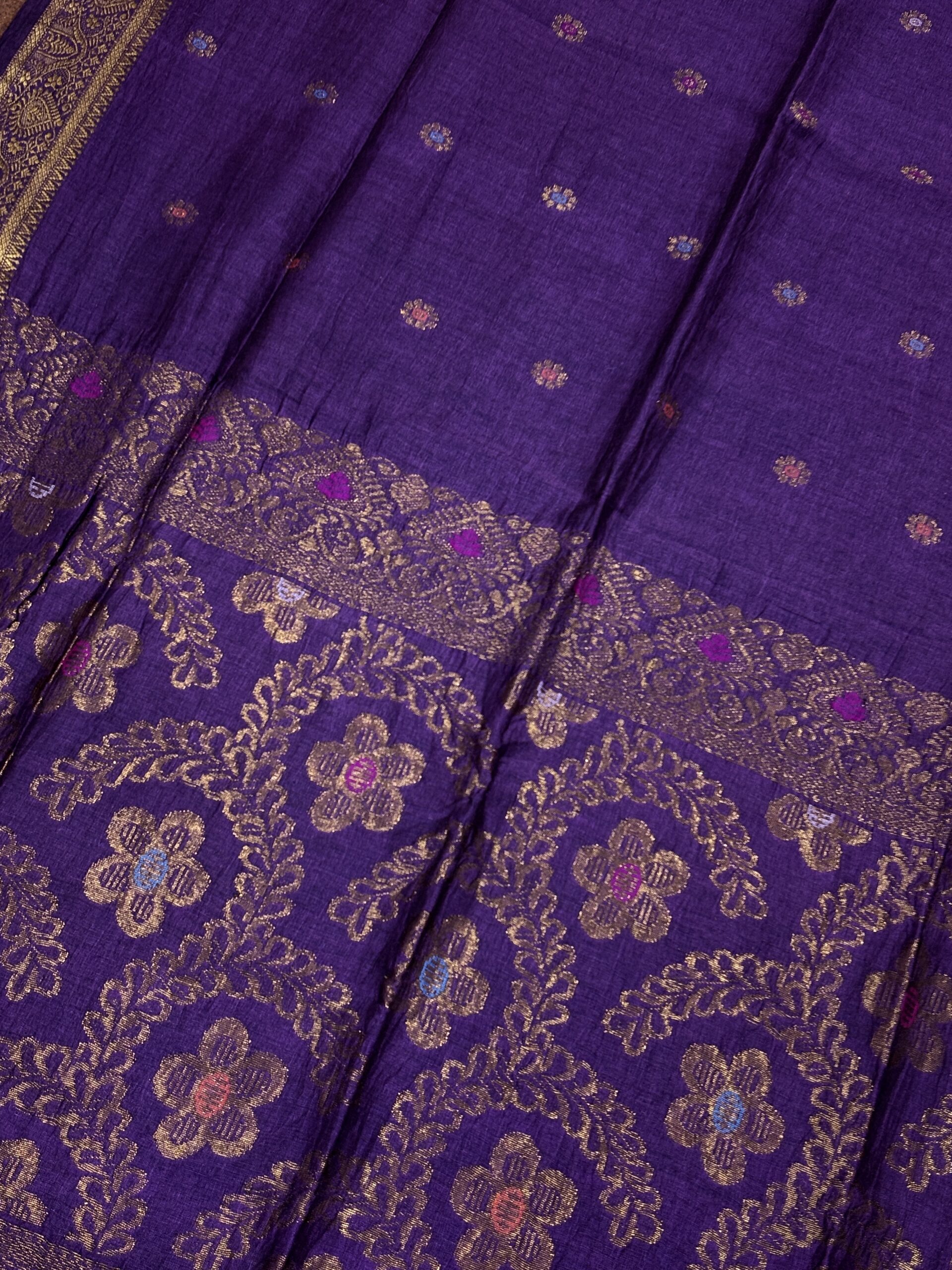 Purple Floral Mina Buta Organic Linen Jamdani Saree - Image 5