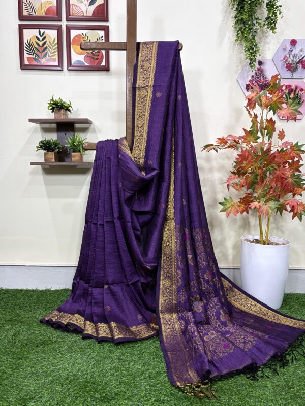 Purple Floral Mina Buta Organic Linen Jamdani Saree