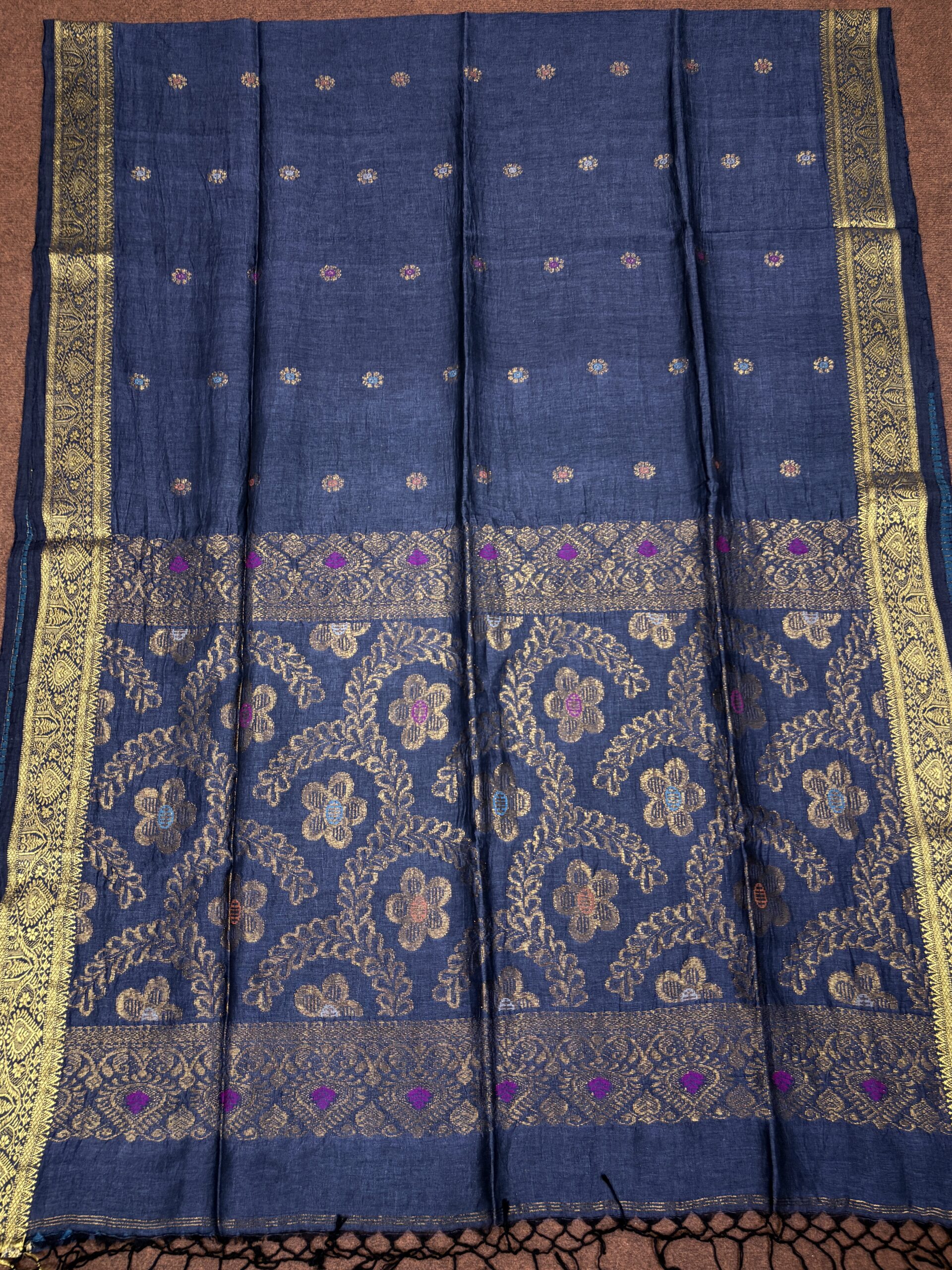 Gray Floral Mina Buta Organic Linen Jamdani Saree - Image 6