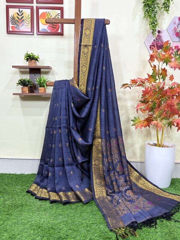 Gray Floral Mina Buta Organic Linen Jamdani Saree
