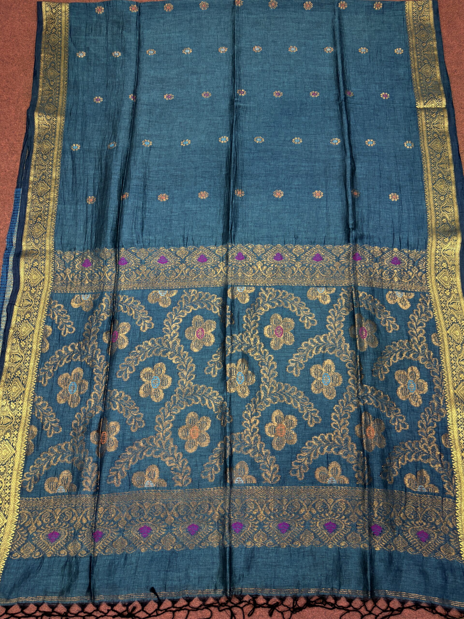 Ramagreen Floral Mina Buta Organic Linen Jamdani Saree - Image 6