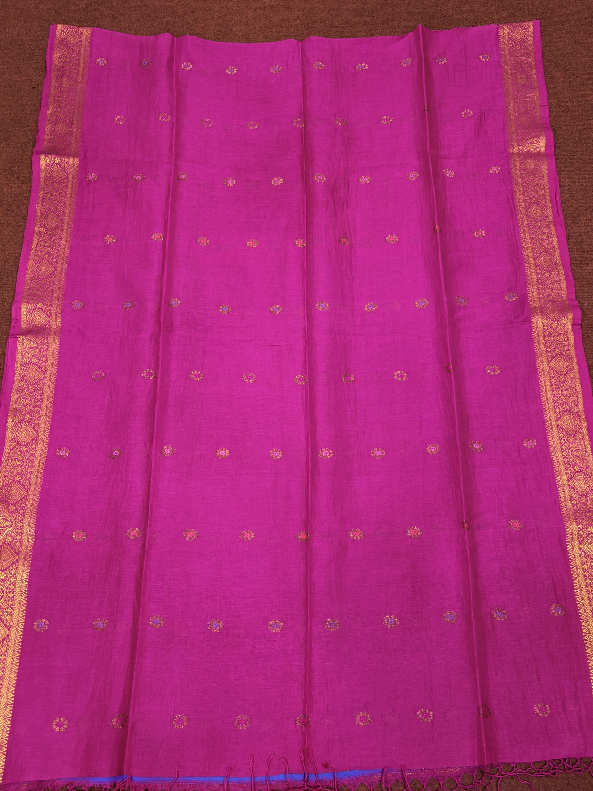Rani Pink Floral Mina Buta Organic Linen Jamdani Saree - Image 10