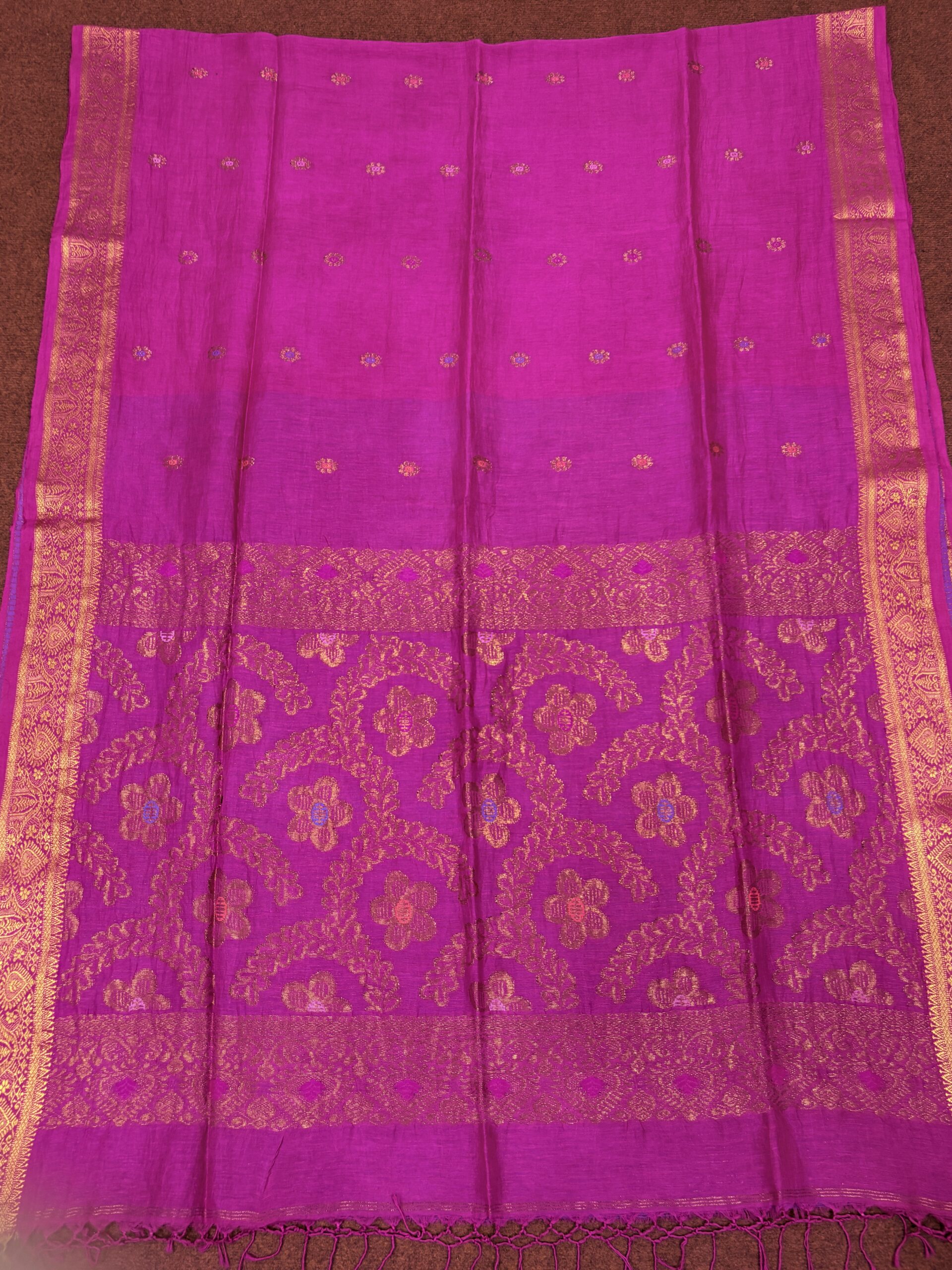 Rani Pink Floral Mina Buta Organic Linen Jamdani Saree - Image 7
