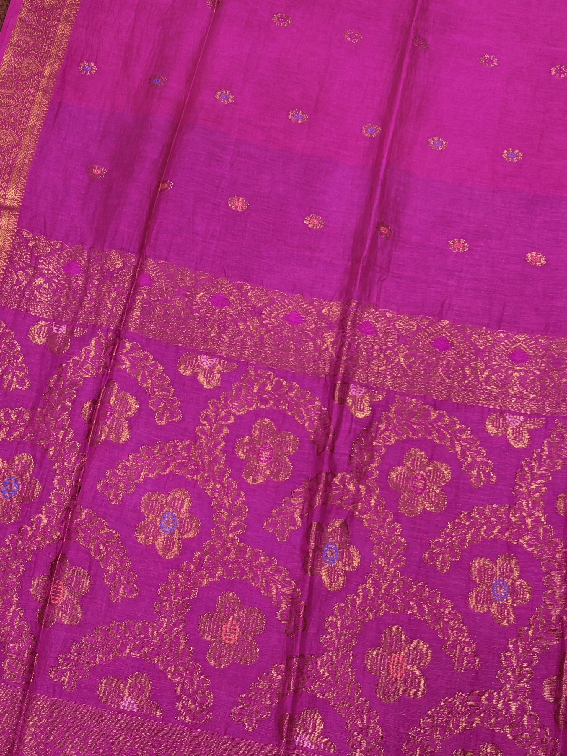 Rani Pink Floral Mina Buta Organic Linen Jamdani Saree - Image 6