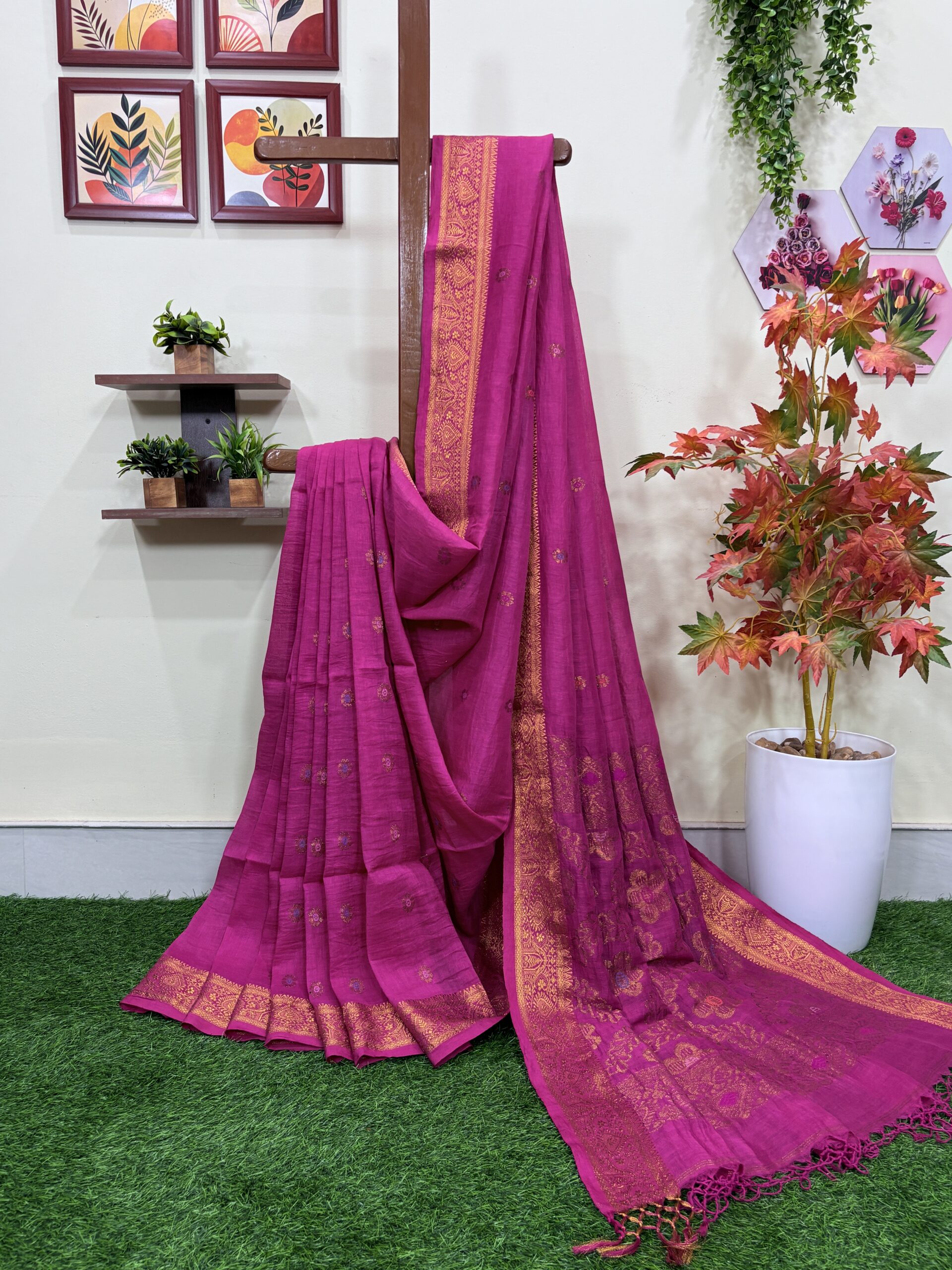 Rani Pink Floral Mina Buta Organic Linen Jamdani Saree