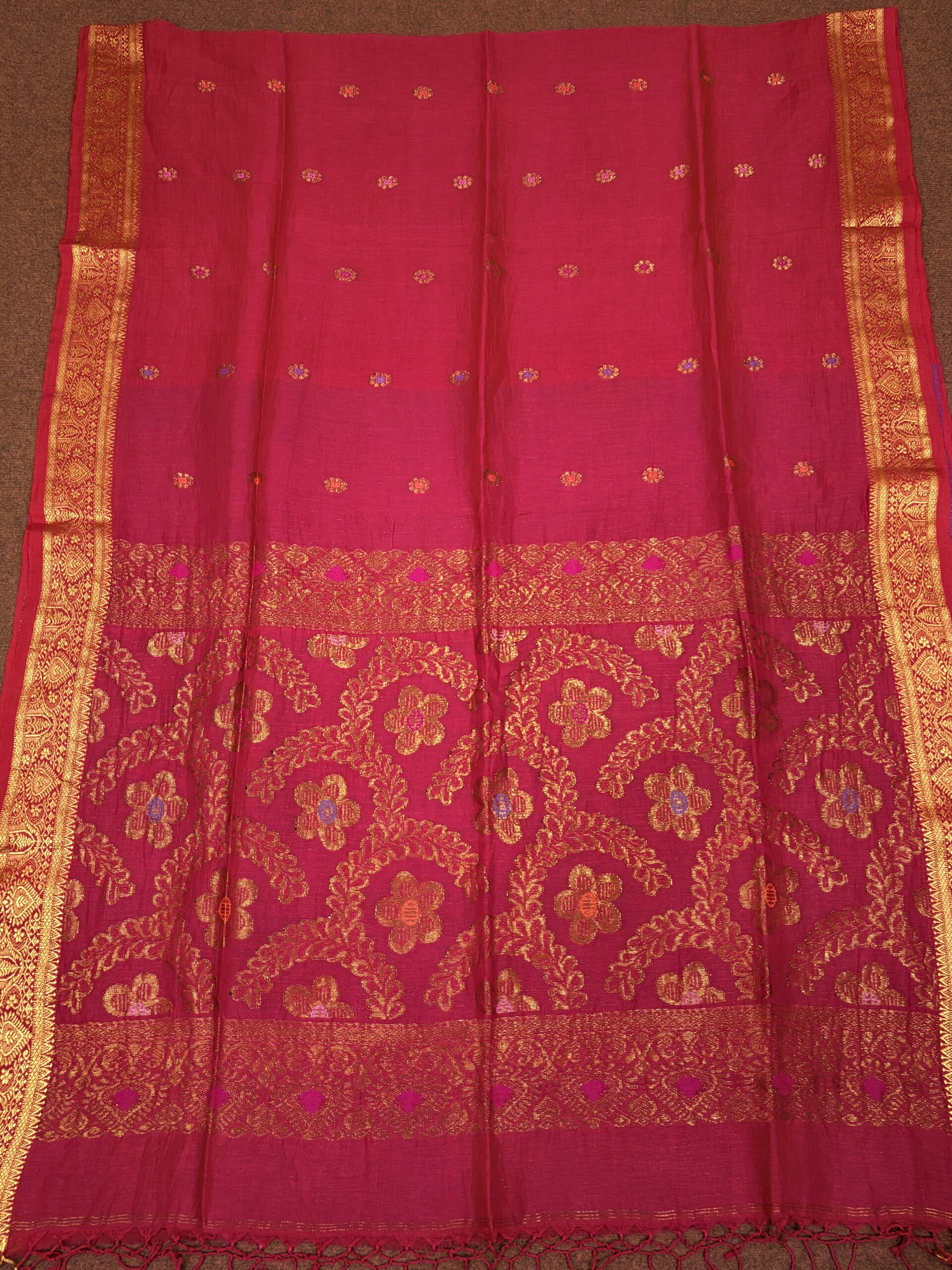 Red Floral Mina Buta Organic Linen Jamdani Saree - Image 6