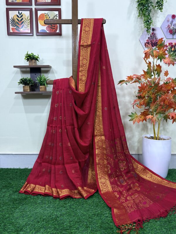 Red Floral Mina Buta Organic Linen Jamdani Saree