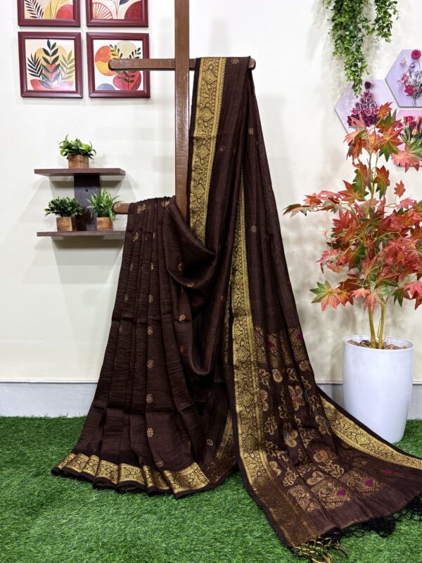 Chocolate Floral Mina Buta Organic Linen Jamdani Saree