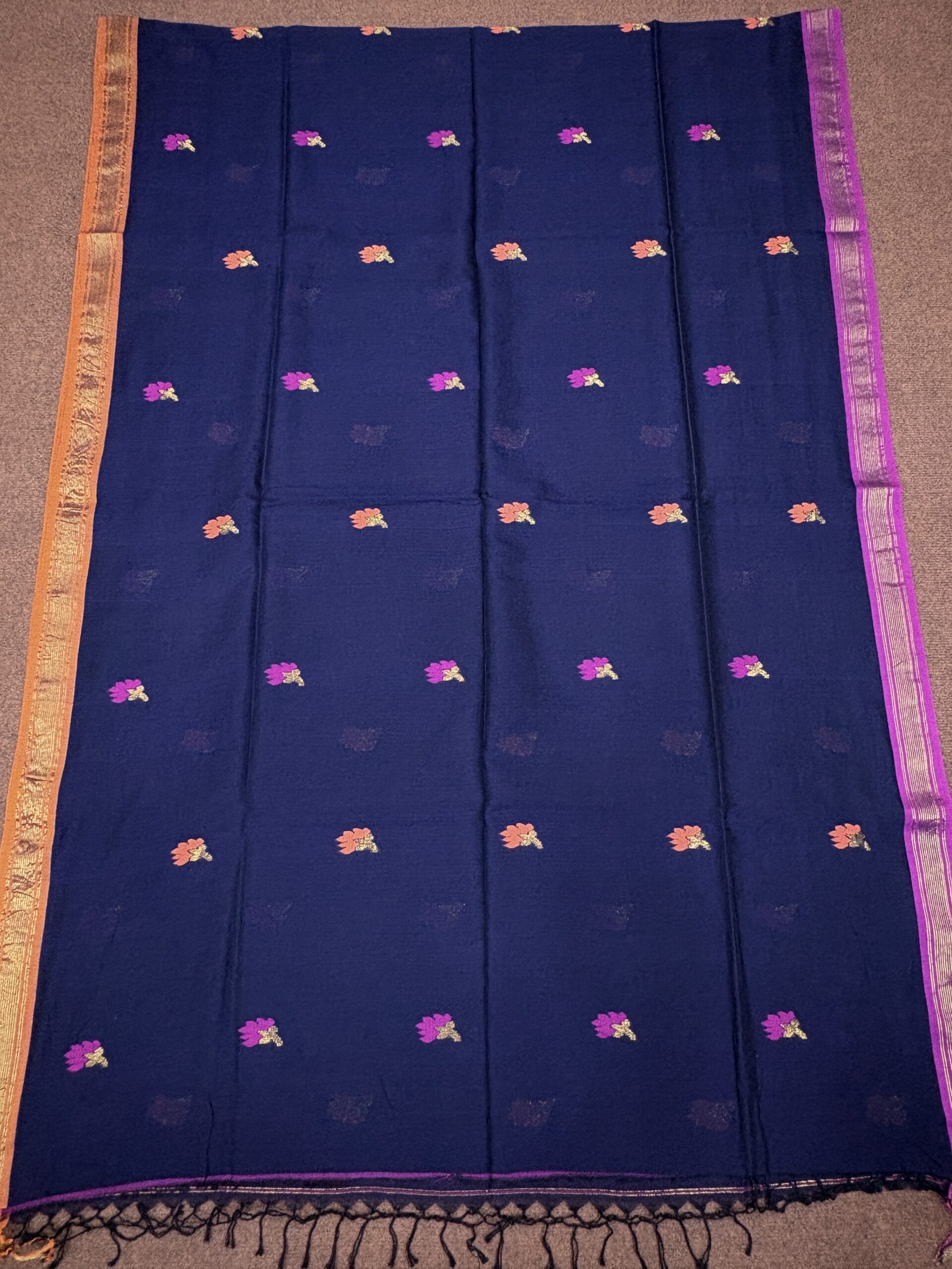 Dark Blue Handloom Premium Cotton Jamdani Saree - Image 5