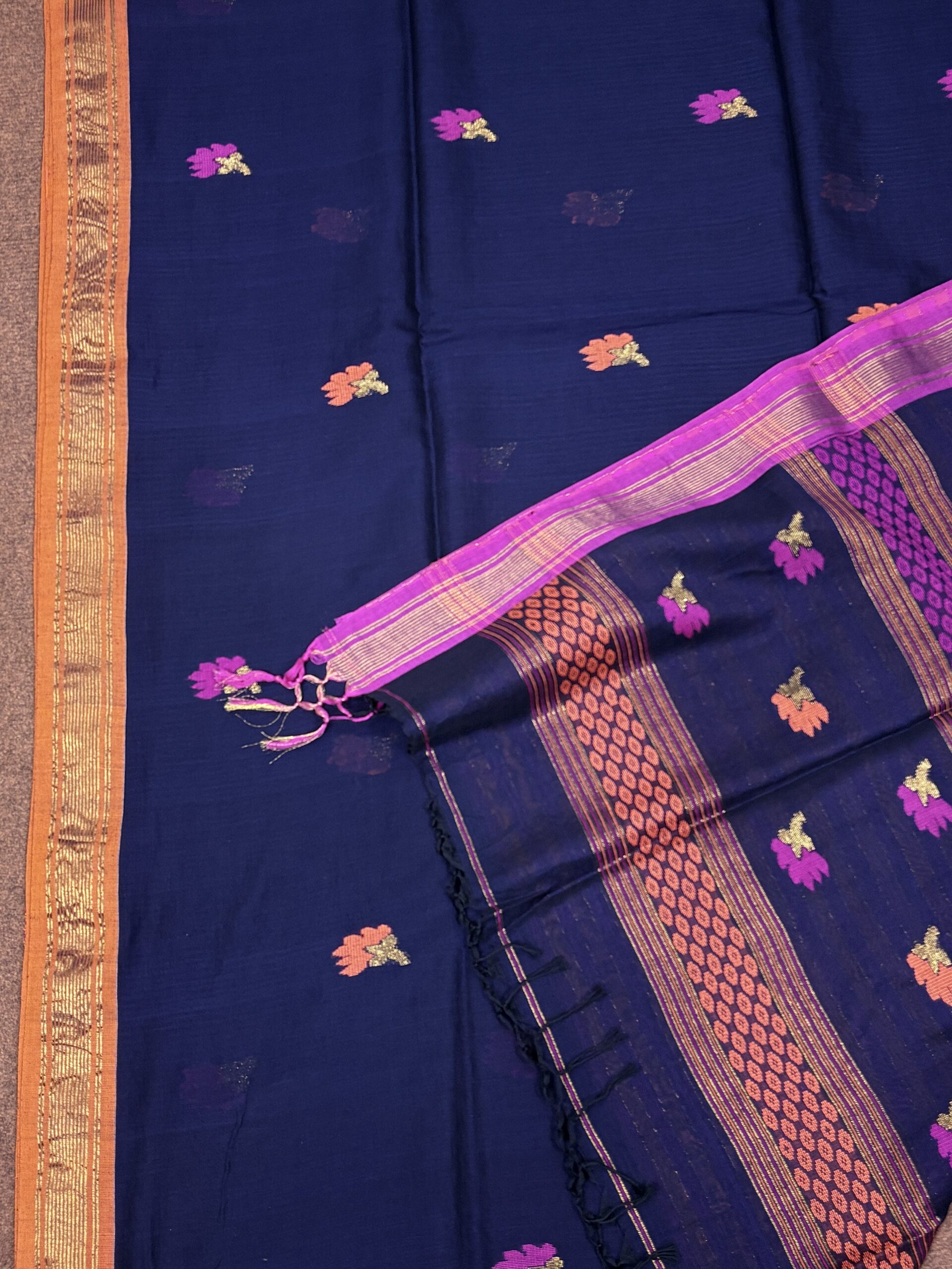 Dark Blue Handloom Premium Cotton Jamdani Saree - Image 4