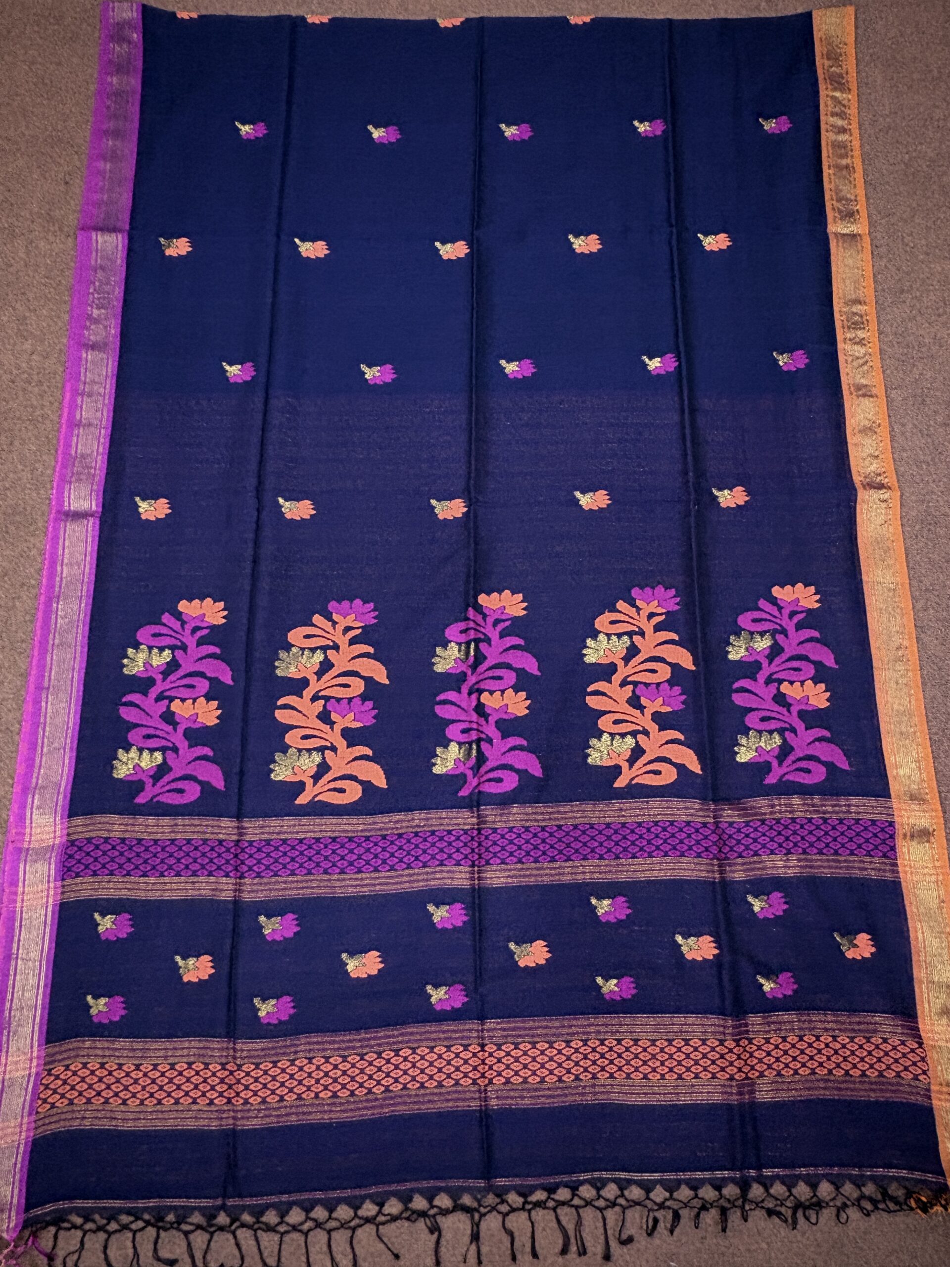 Dark Blue Handloom Premium Cotton Jamdani Saree - Image 2