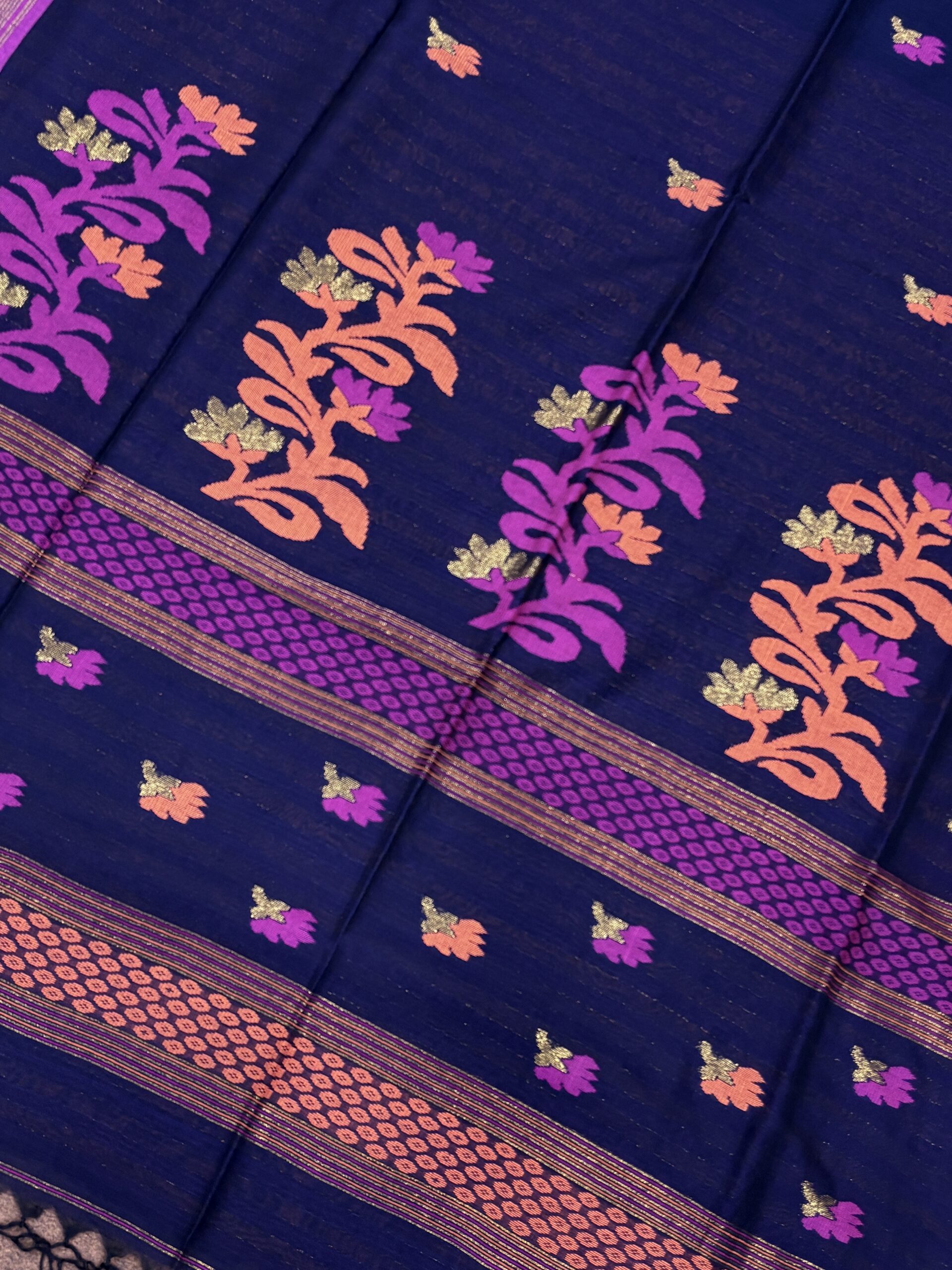 Dark Blue Handloom Premium Cotton Jamdani Saree - Image 9