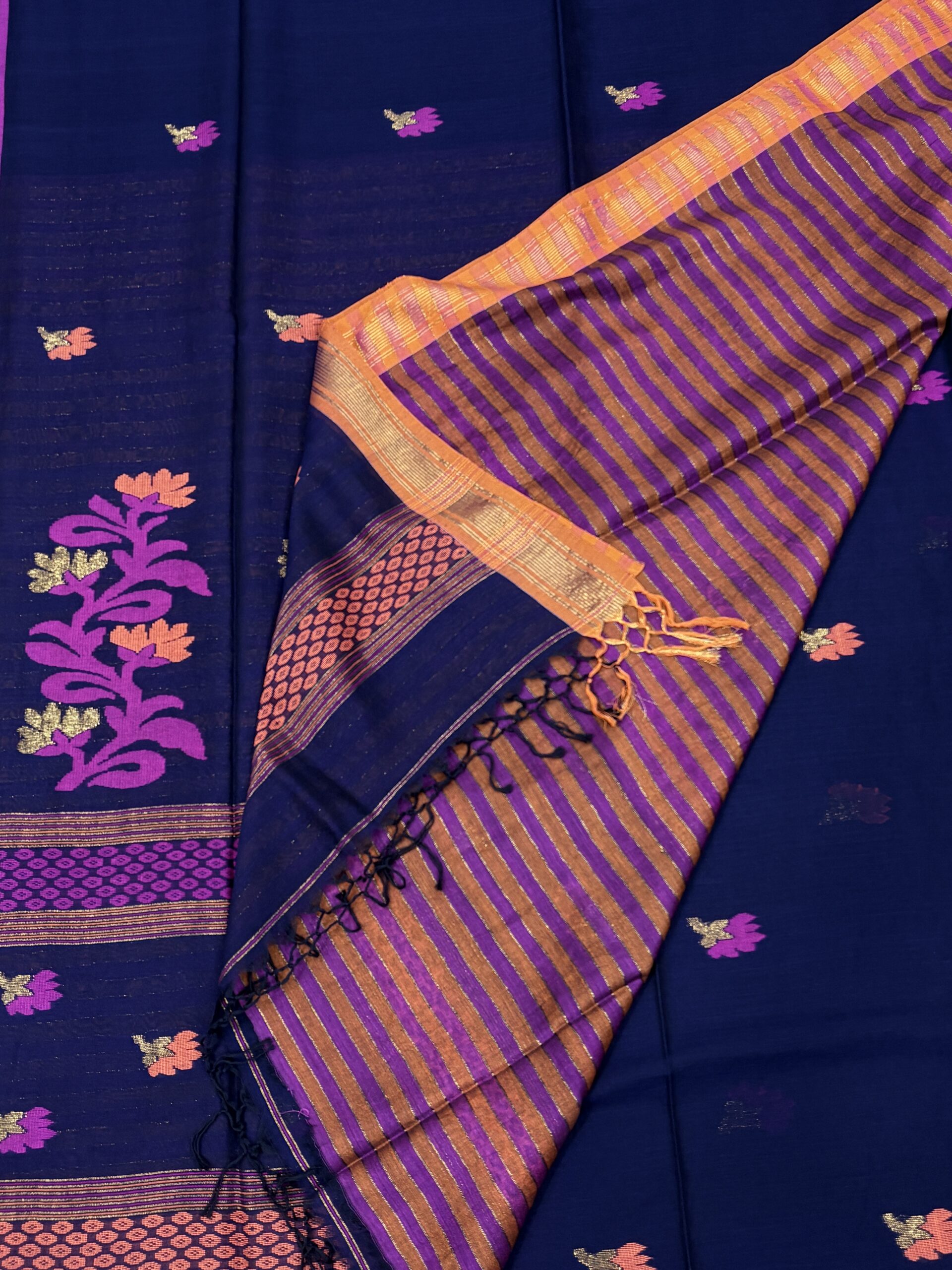 Dark Blue Handloom Premium Cotton Jamdani Saree - Image 8