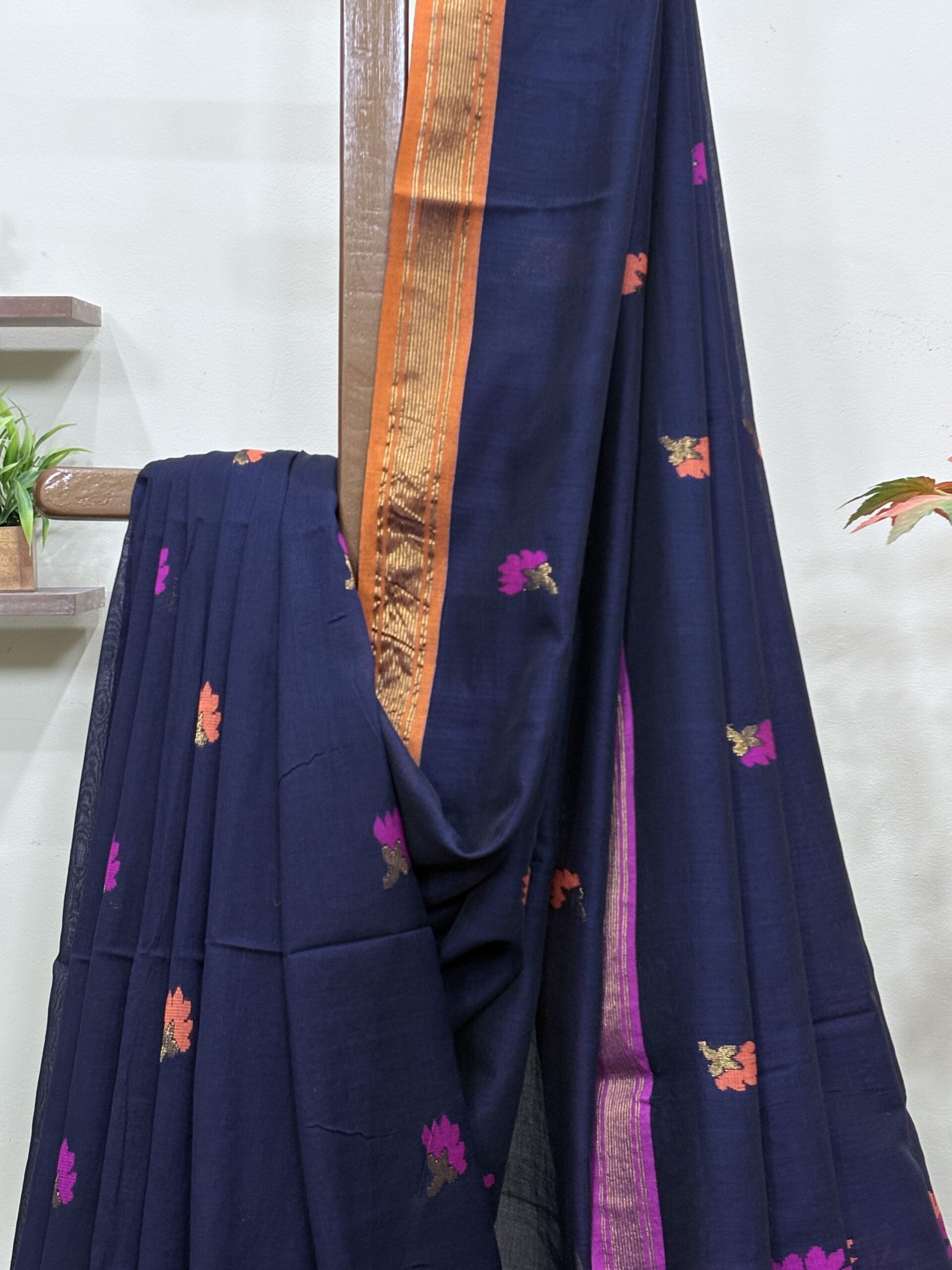 Dark Blue Handloom Premium Cotton Jamdani Saree - Image 7