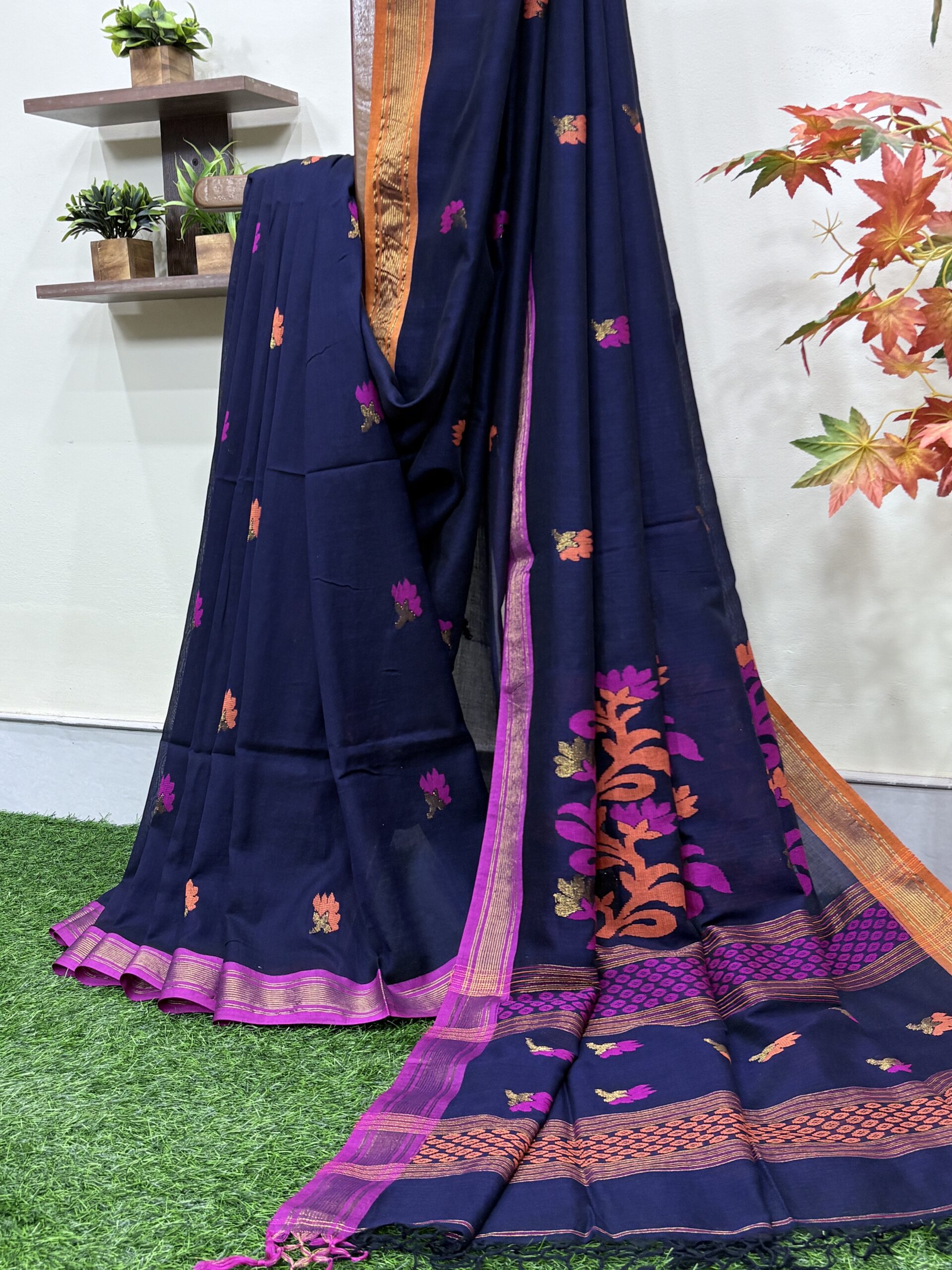 Dark Blue Handloom Premium Cotton Jamdani Saree - Image 6