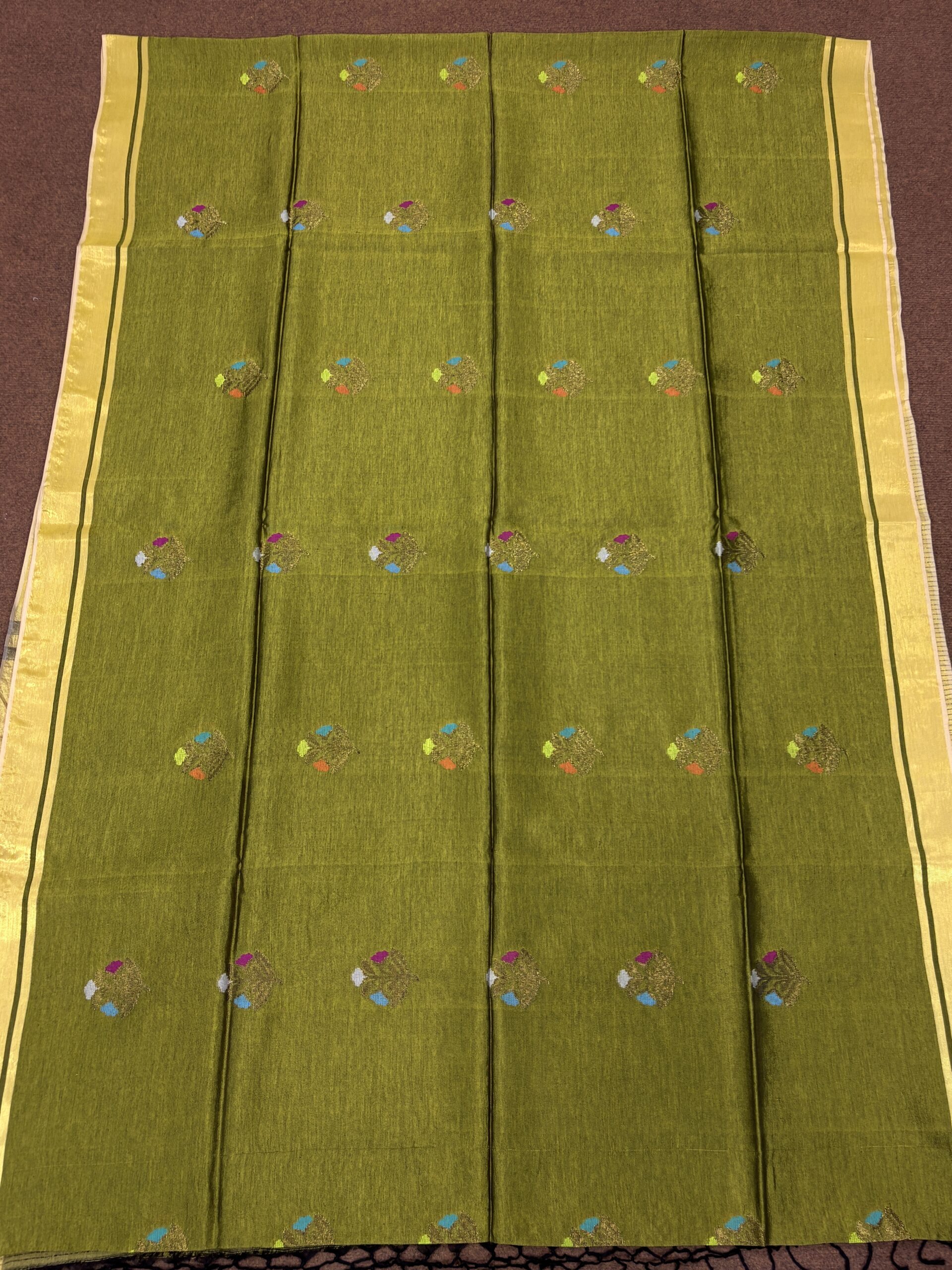 Greenish Yellow Katan Silk Jamdani Saree with Blouse Piece - Image 9