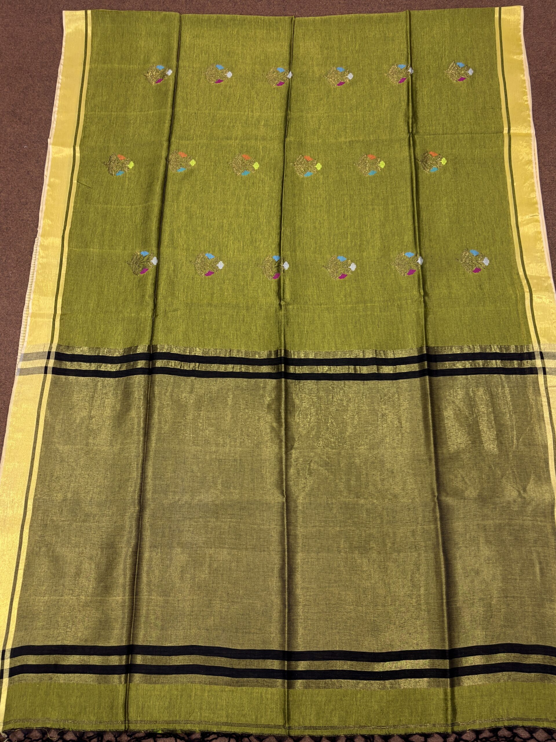 Greenish Yellow Katan Silk Jamdani Saree with Blouse Piece - Image 6
