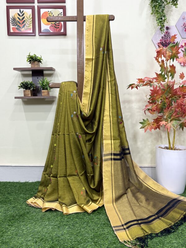 Greenish Yellow Katan Silk Jamdani Saree with Blouse Piece