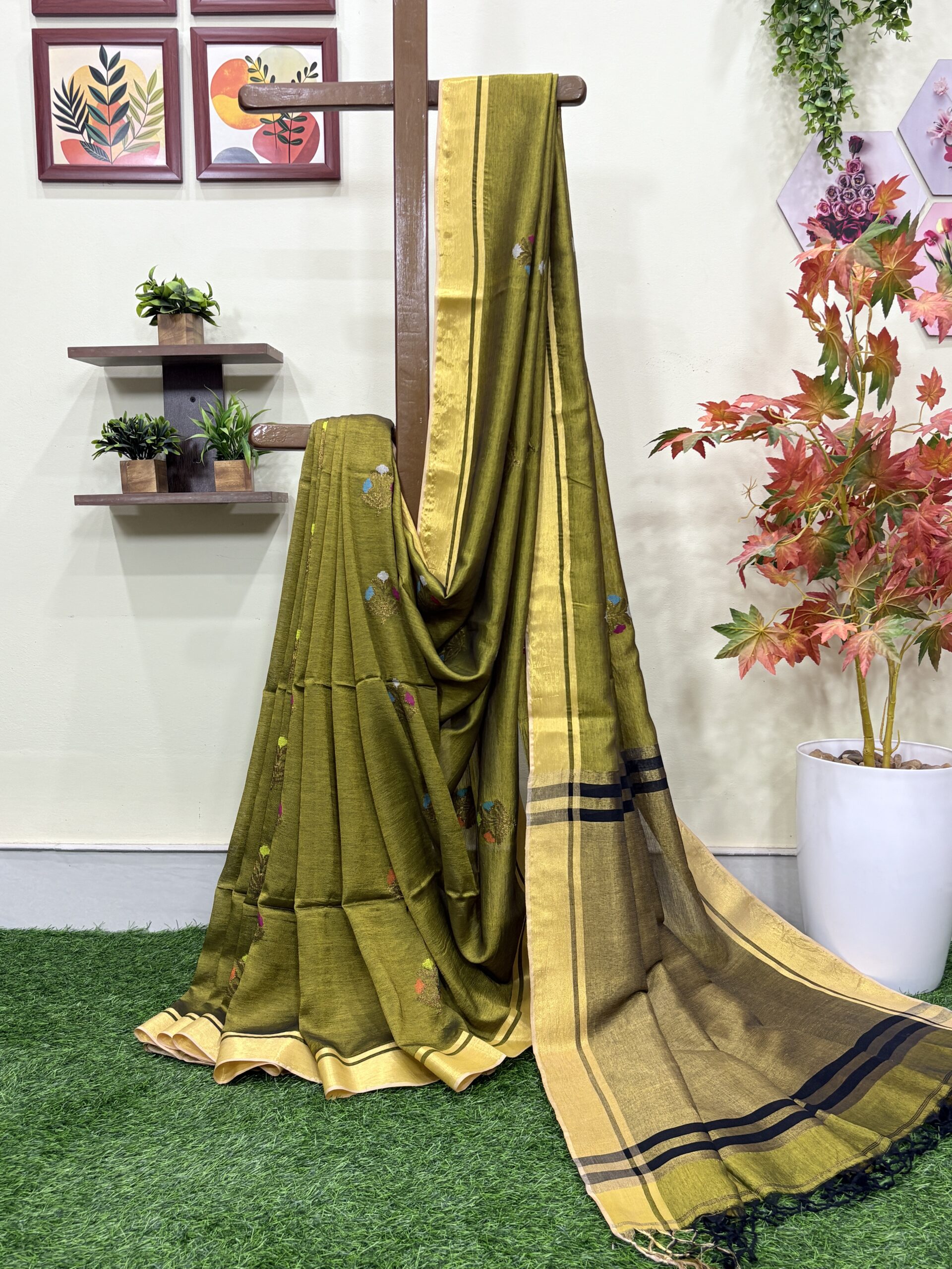 Greenish Yellow Katan Silk Jamdani Saree with Blouse Piece