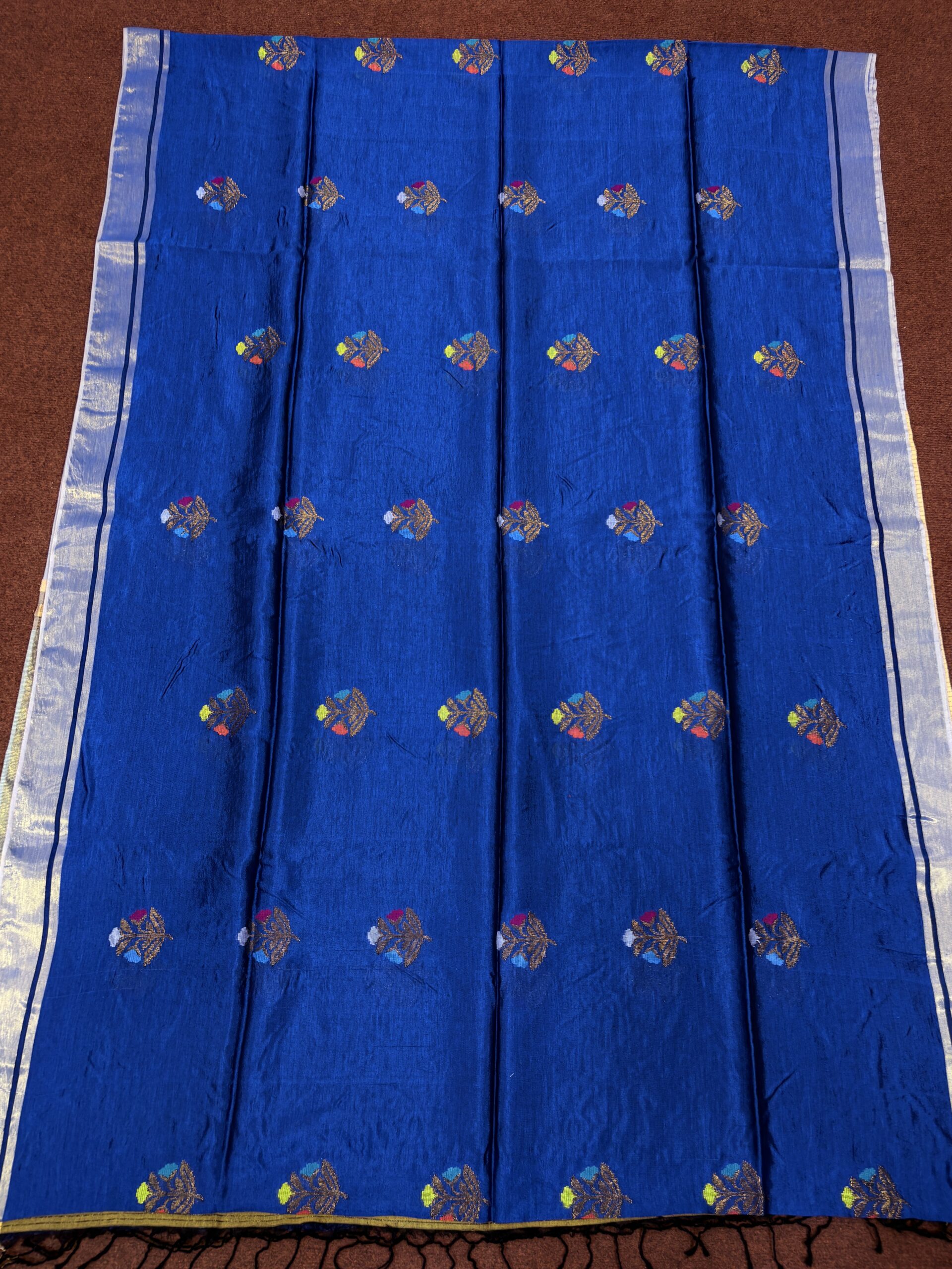 Blue Katan Silk Jamdani Saree with Blouse Piece - Image 8