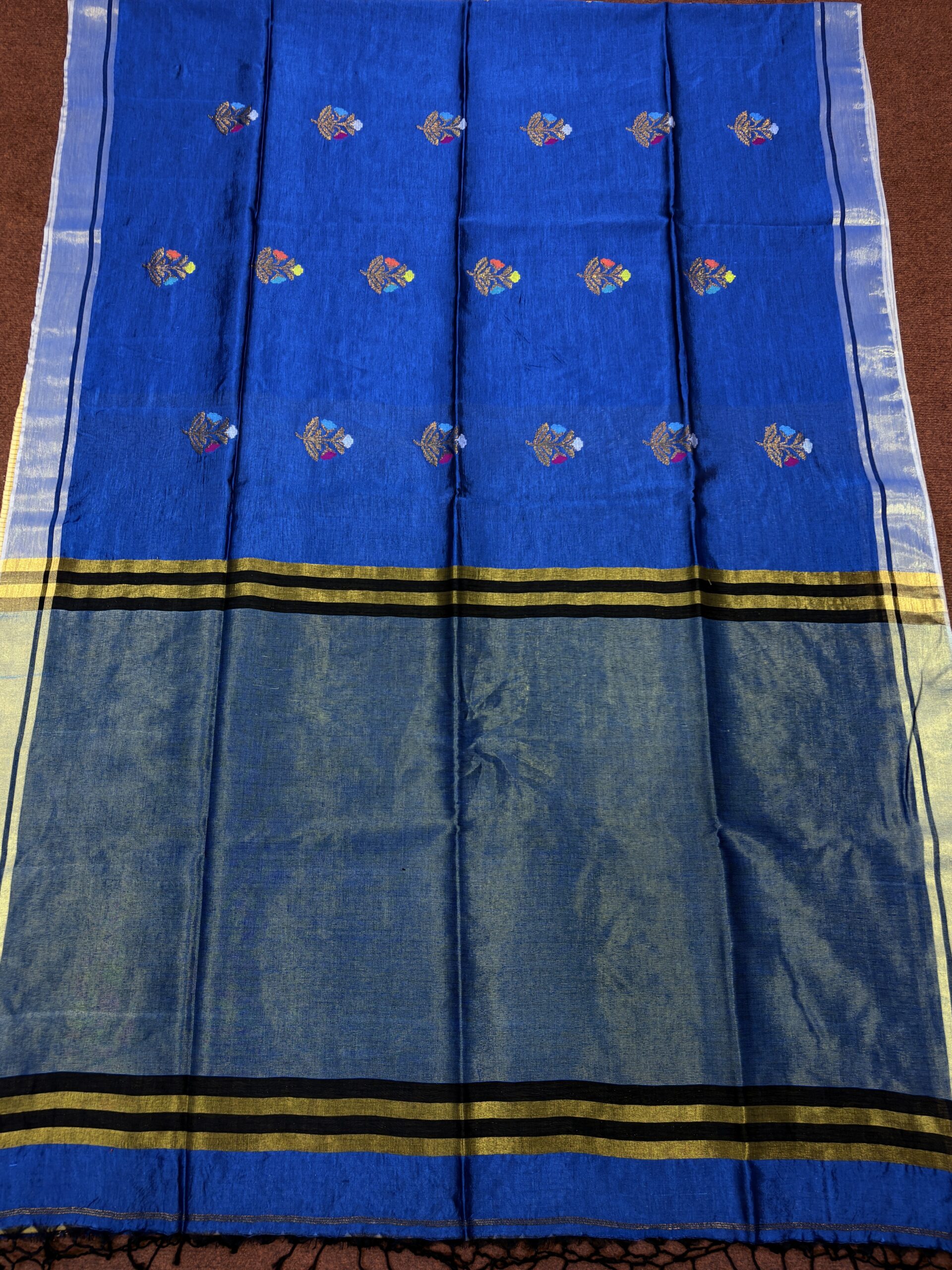 Blue Katan Silk Jamdani Saree with Blouse Piece - Image 5