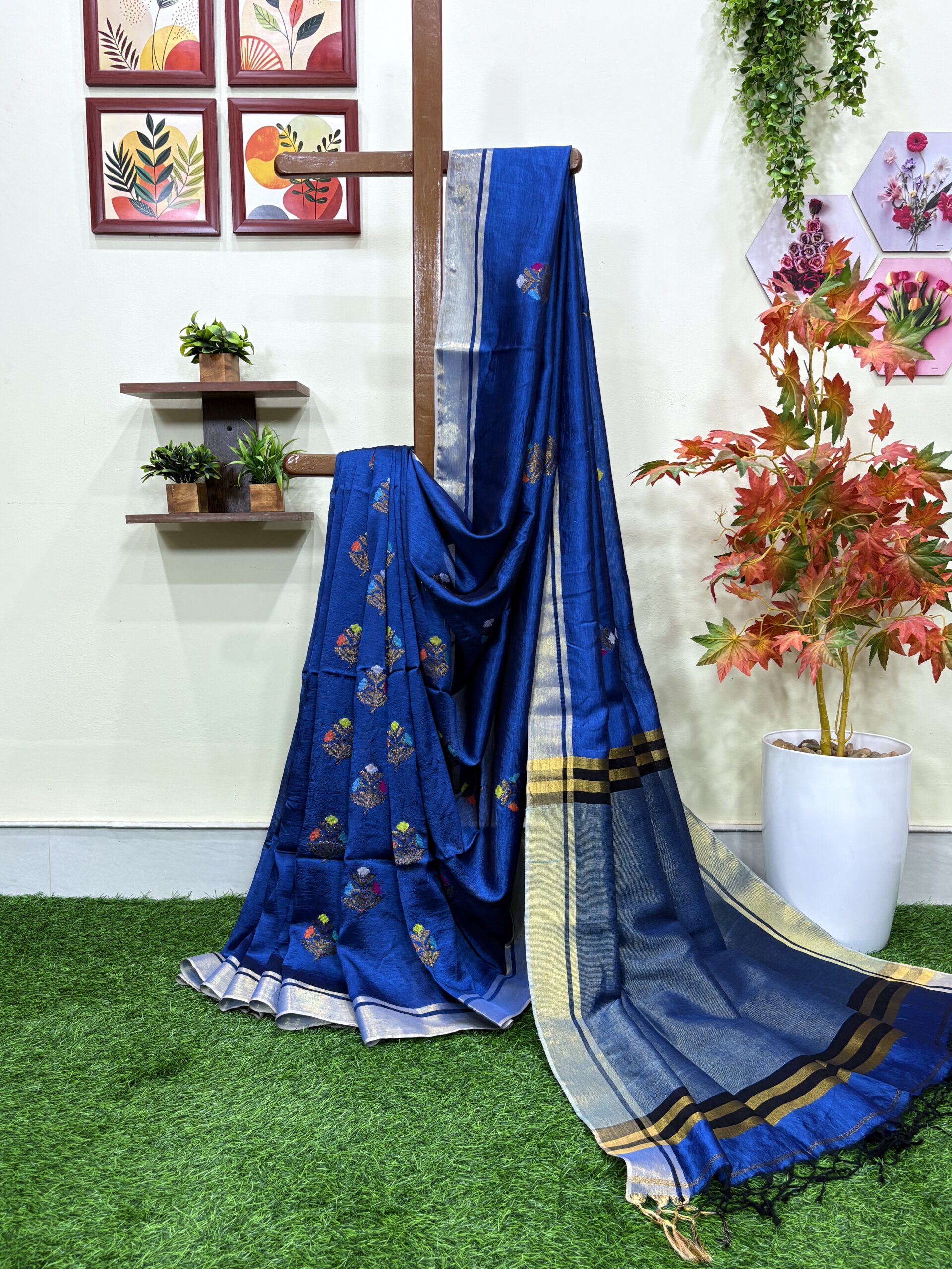 Blue Katan Silk Jamdani Saree with Blouse Piece