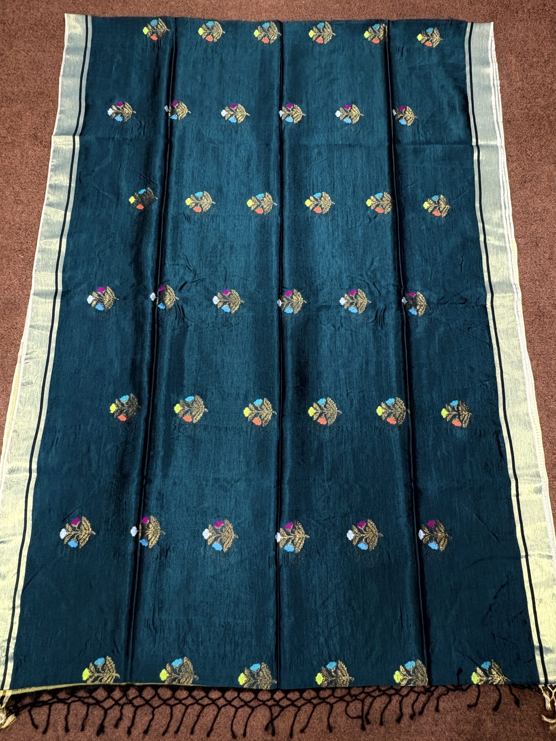 Rama Green Katan Silk Jamdani Saree with Blouse Piece - Image 8