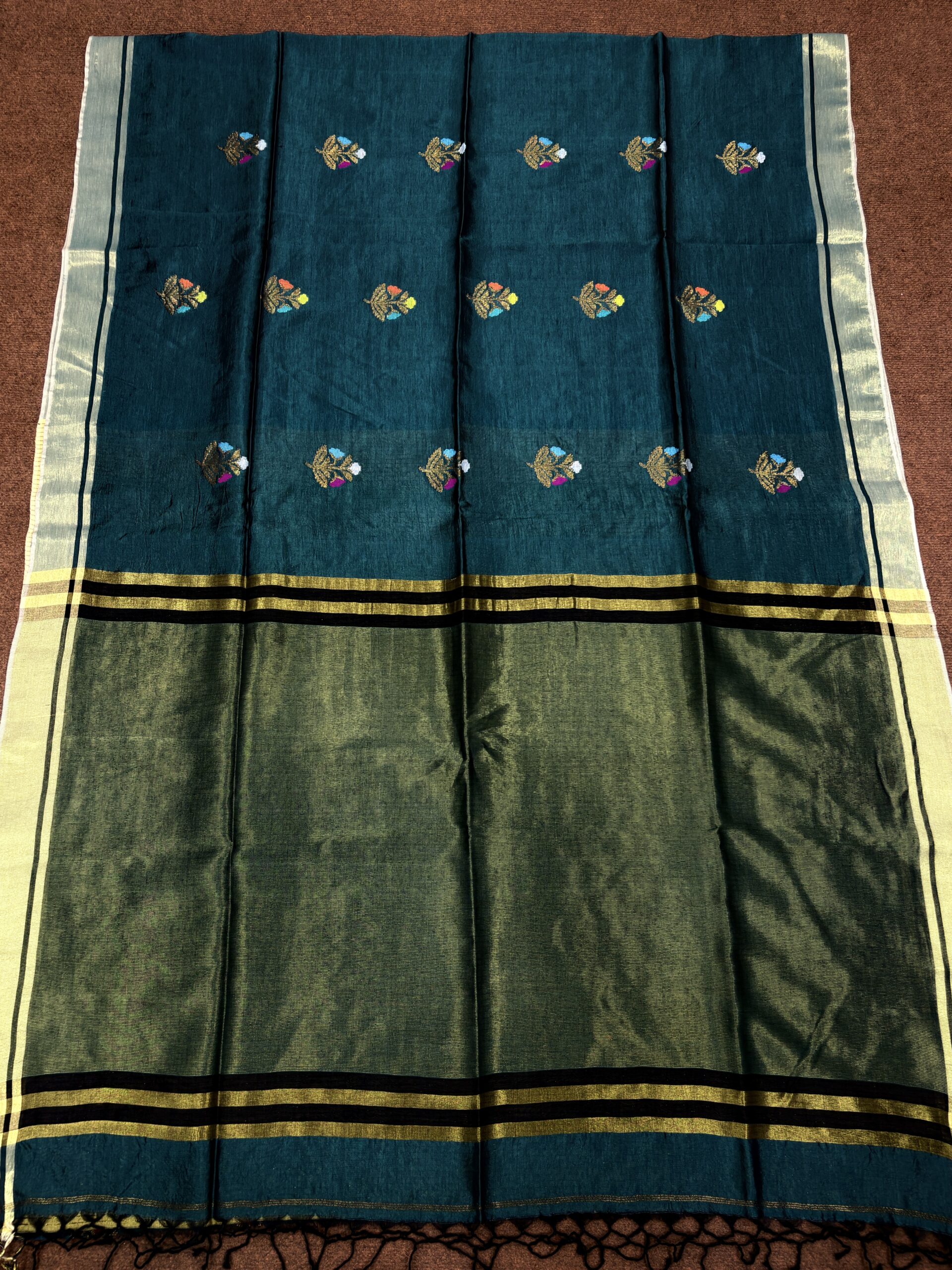 Rama Green Katan Silk Jamdani Saree with Blouse Piece - Image 5