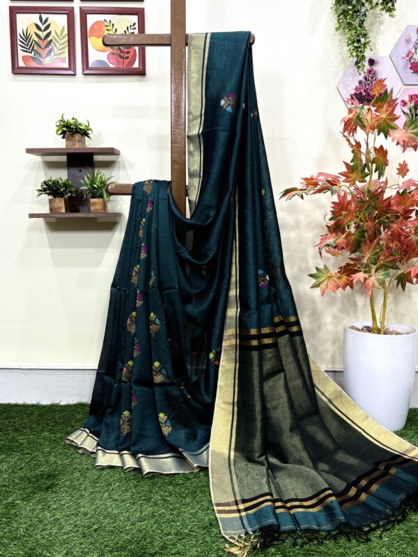 Rama Green Katan Silk Jamdani Saree with Blouse Piece