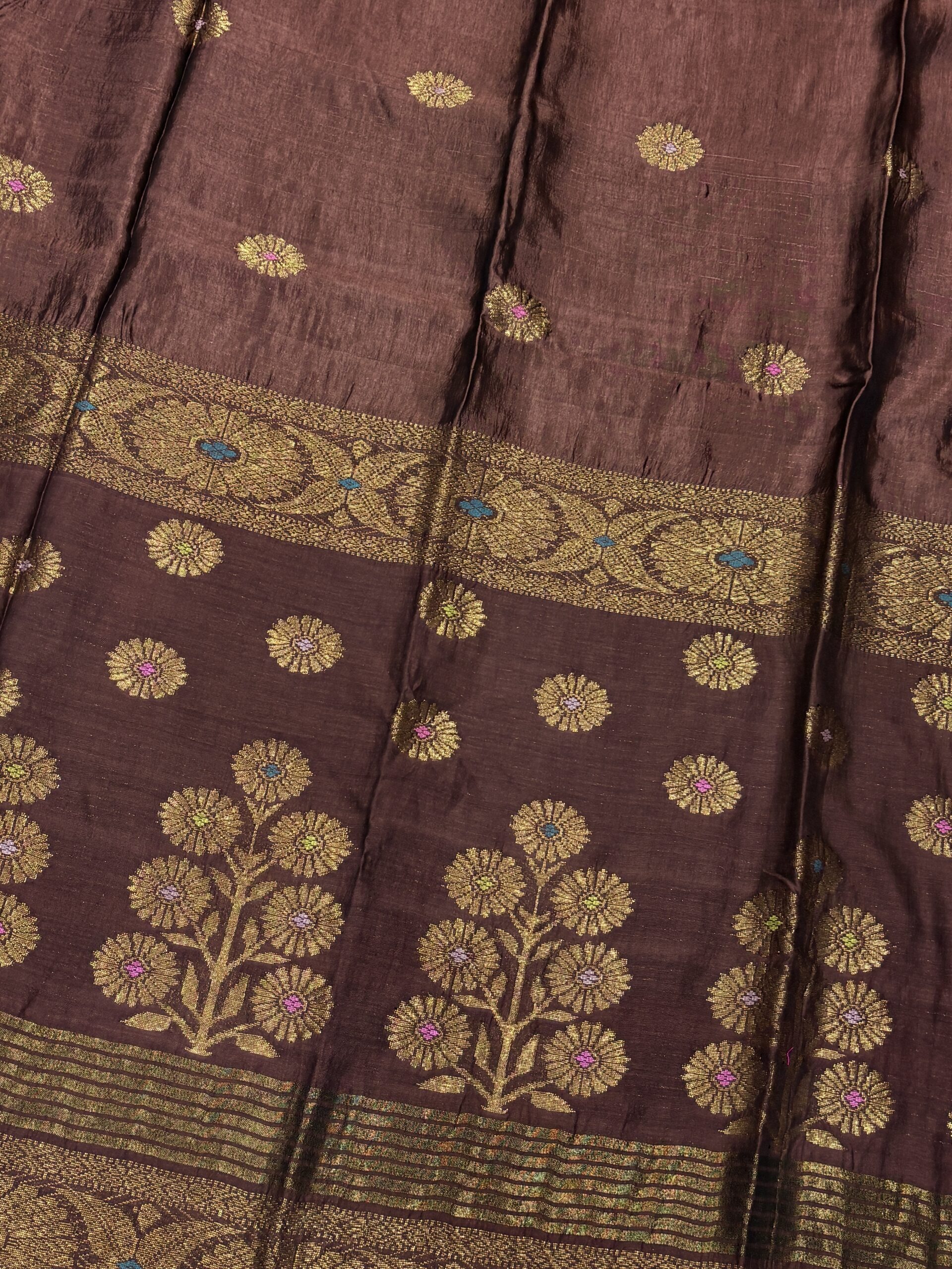 Dark Bwown Katan Silk Jamdani Saree with Blouse Piece - Image 6