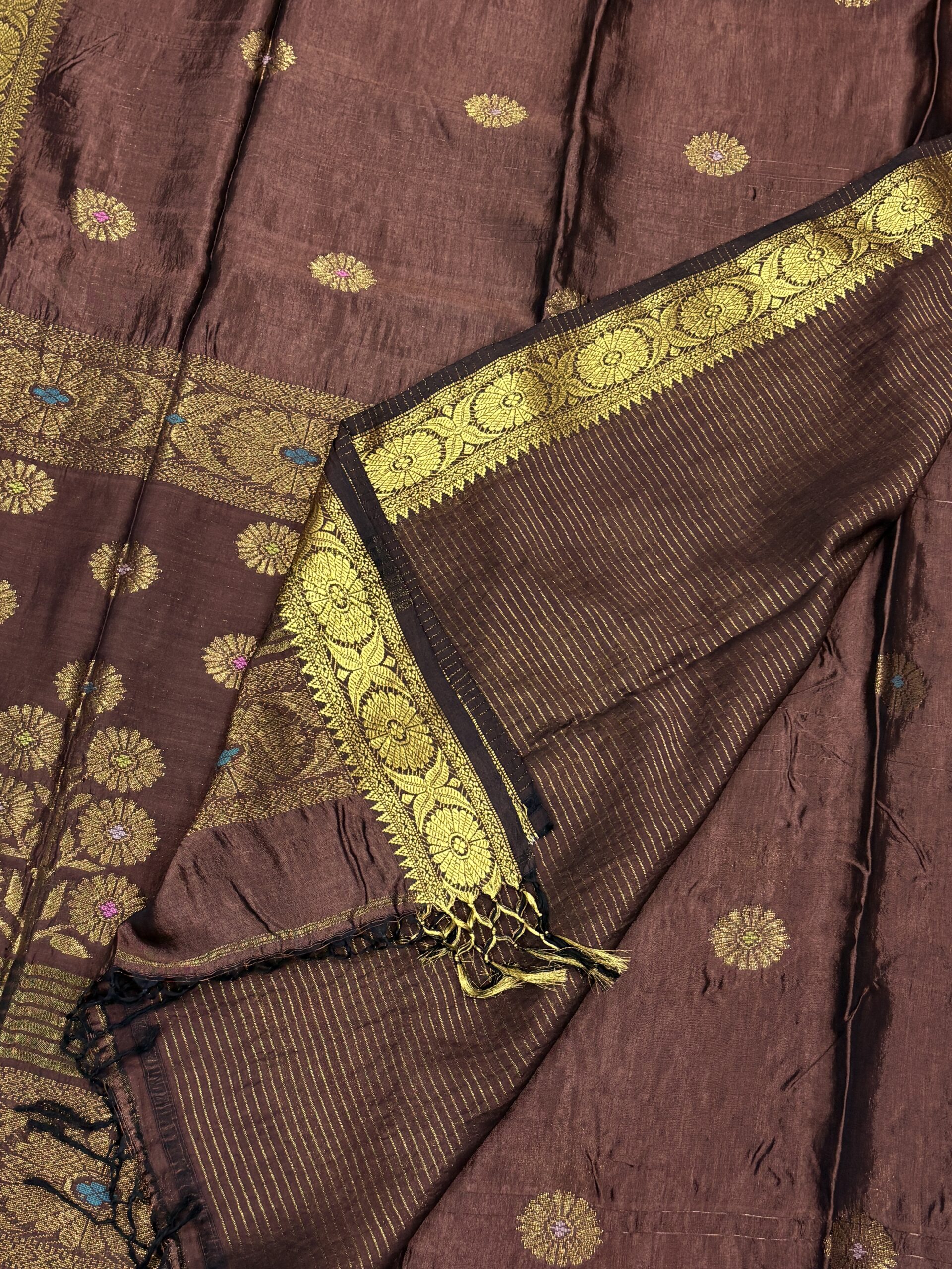 Dark Bwown Katan Silk Jamdani Saree with Blouse Piece - Image 5