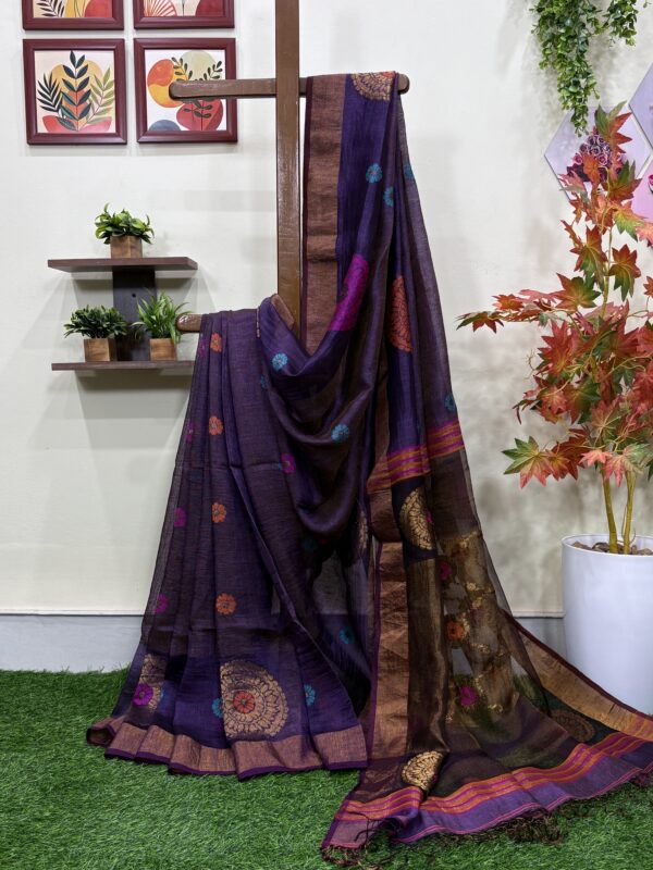 Wine Handloom Premium Silk Linen Tissue Jamdani Designer Saree