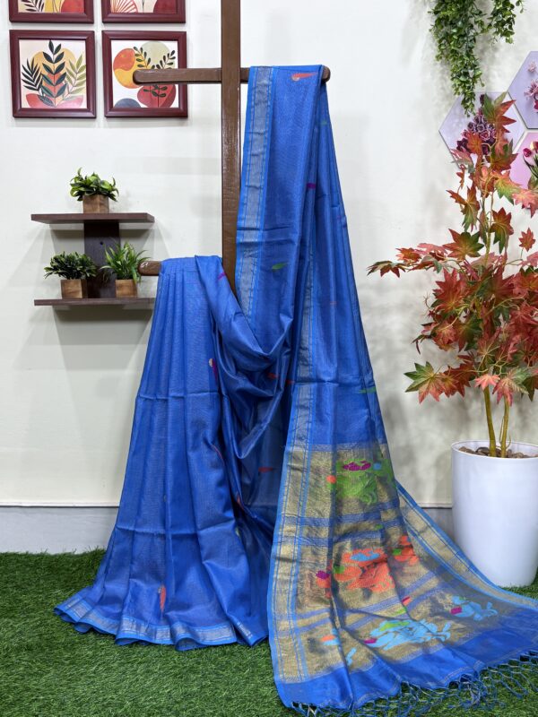 Blue Handloom Tissue Katan Silk Paithani Jamdani Saree