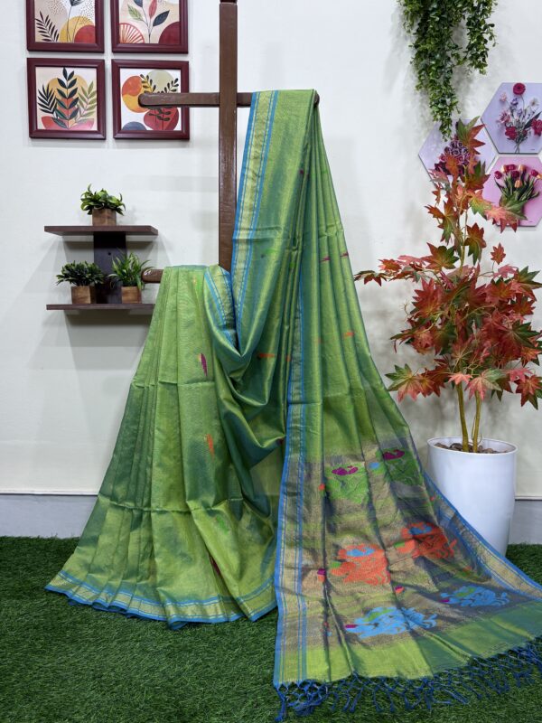 Green Handloom Tissue Katan Silk Paithani Jamdani Saree